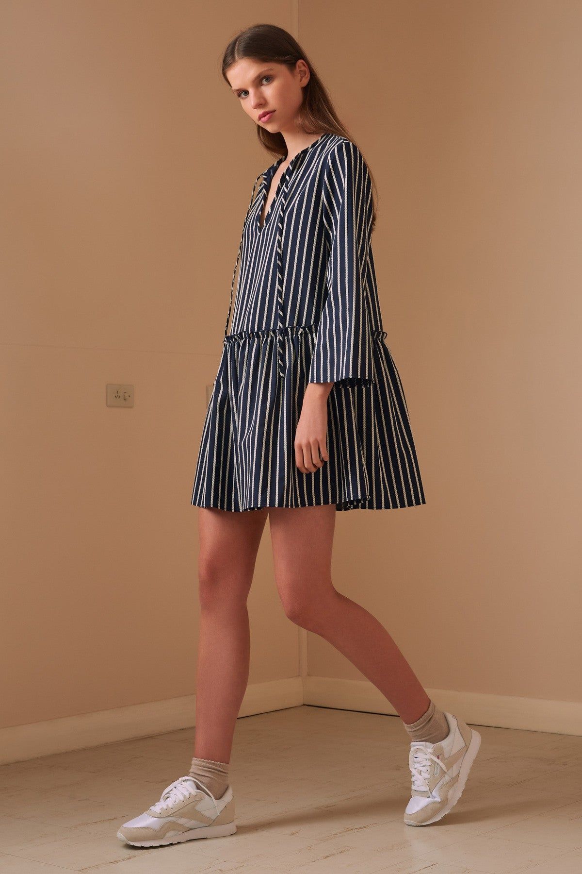 POPPY STRIPE LONG SLEEVE DRESS navy w white sold by The Fifth Label product image thumbnail 4