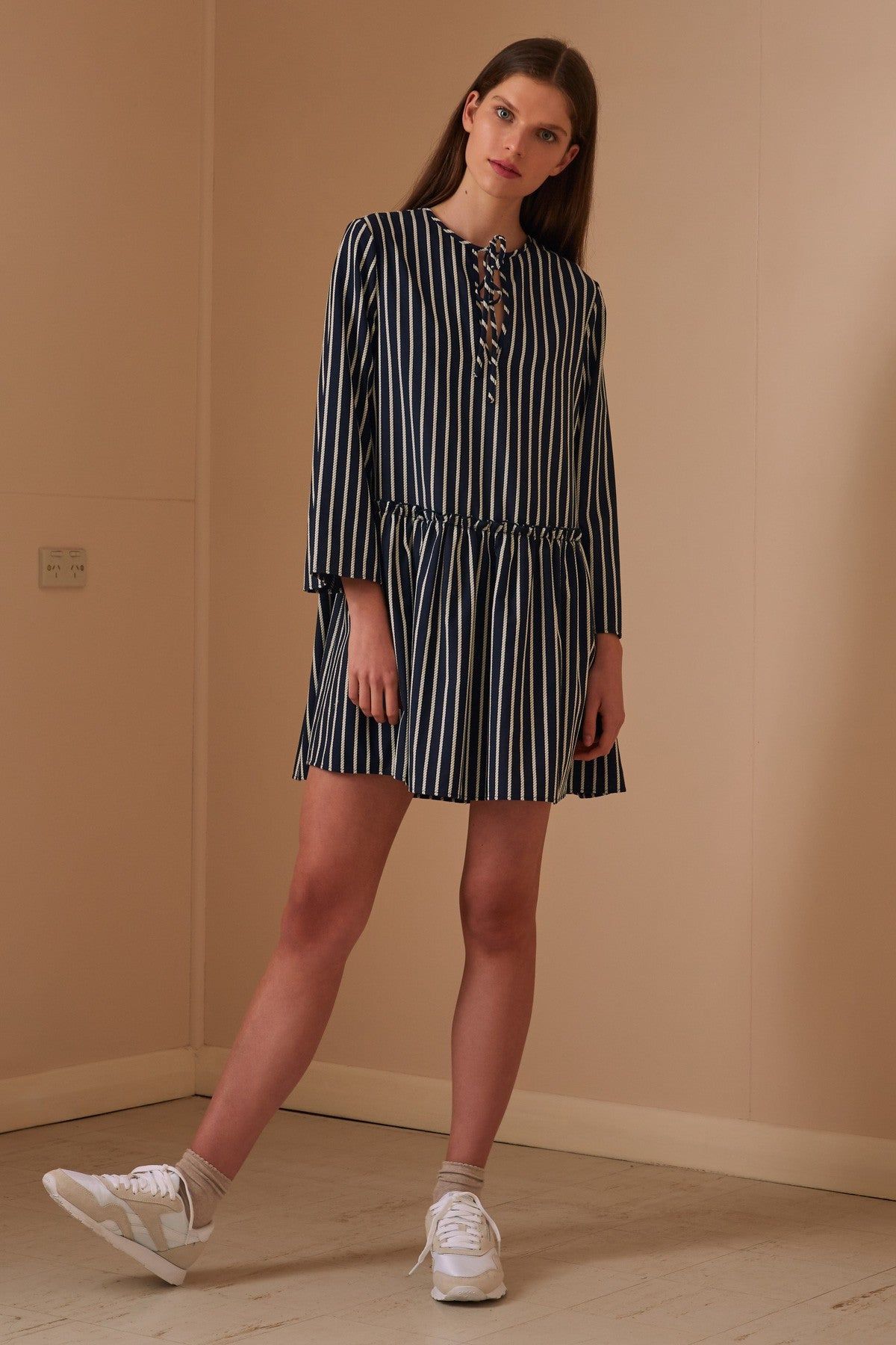 POPPY STRIPE LONG SLEEVE DRESS navy w white sold by The Fifth Label