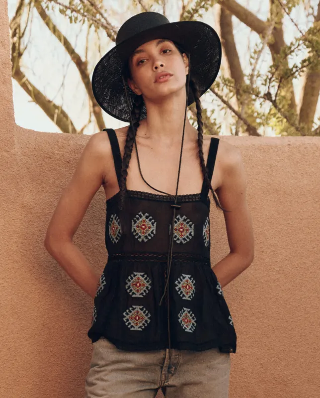 The Roam Top with Folklore Embroidery. -- Black sold by THE GREAT.