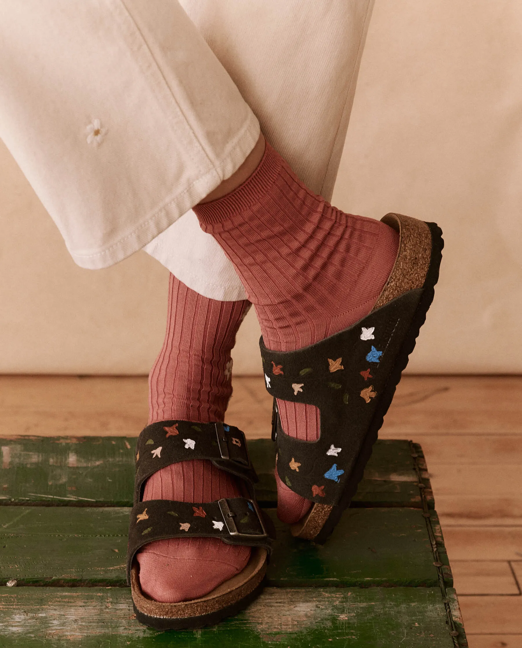 The Ribbed Sock with Daisy Embroidery. -- Rose with Cream Daisies sold by THE GREAT. product image thumbnail 2