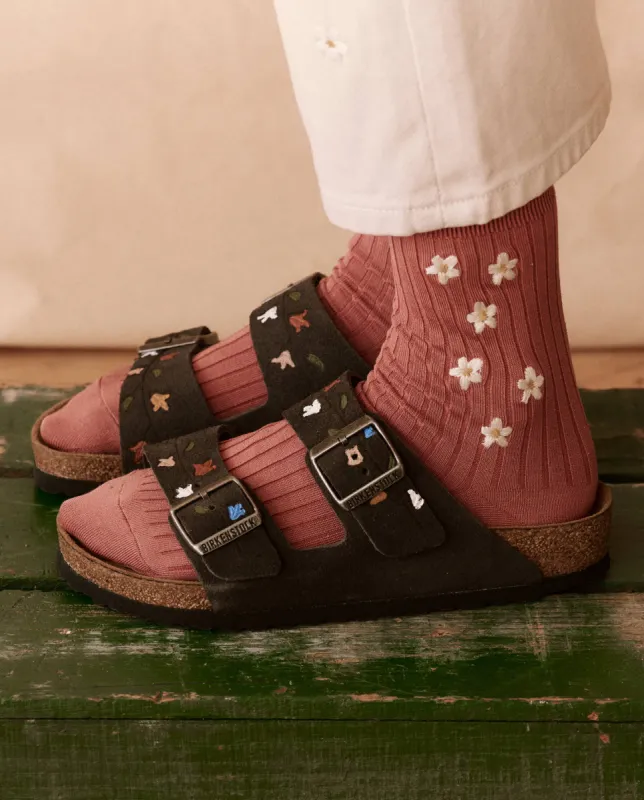 The Ribbed Sock with Daisy Embroidery. -- Rose with Cream Daisies sold by THE GREAT.