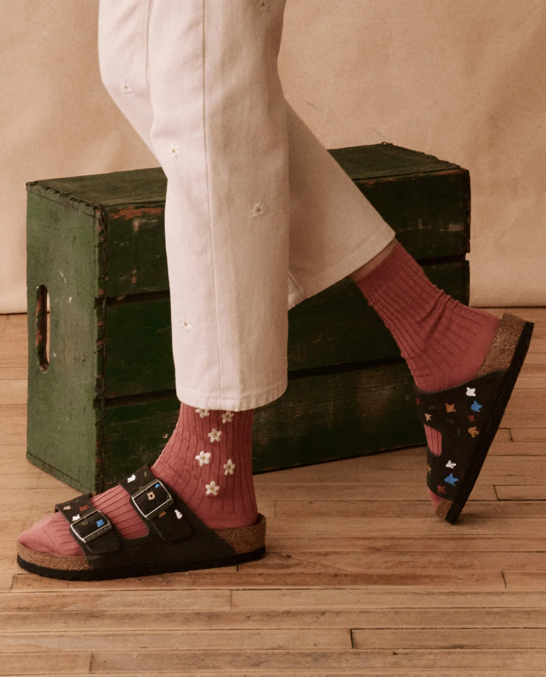 The Ribbed Sock with Daisy Embroidery. -- Rose with Cream Daisies sold by THE GREAT. product image thumbnail 3