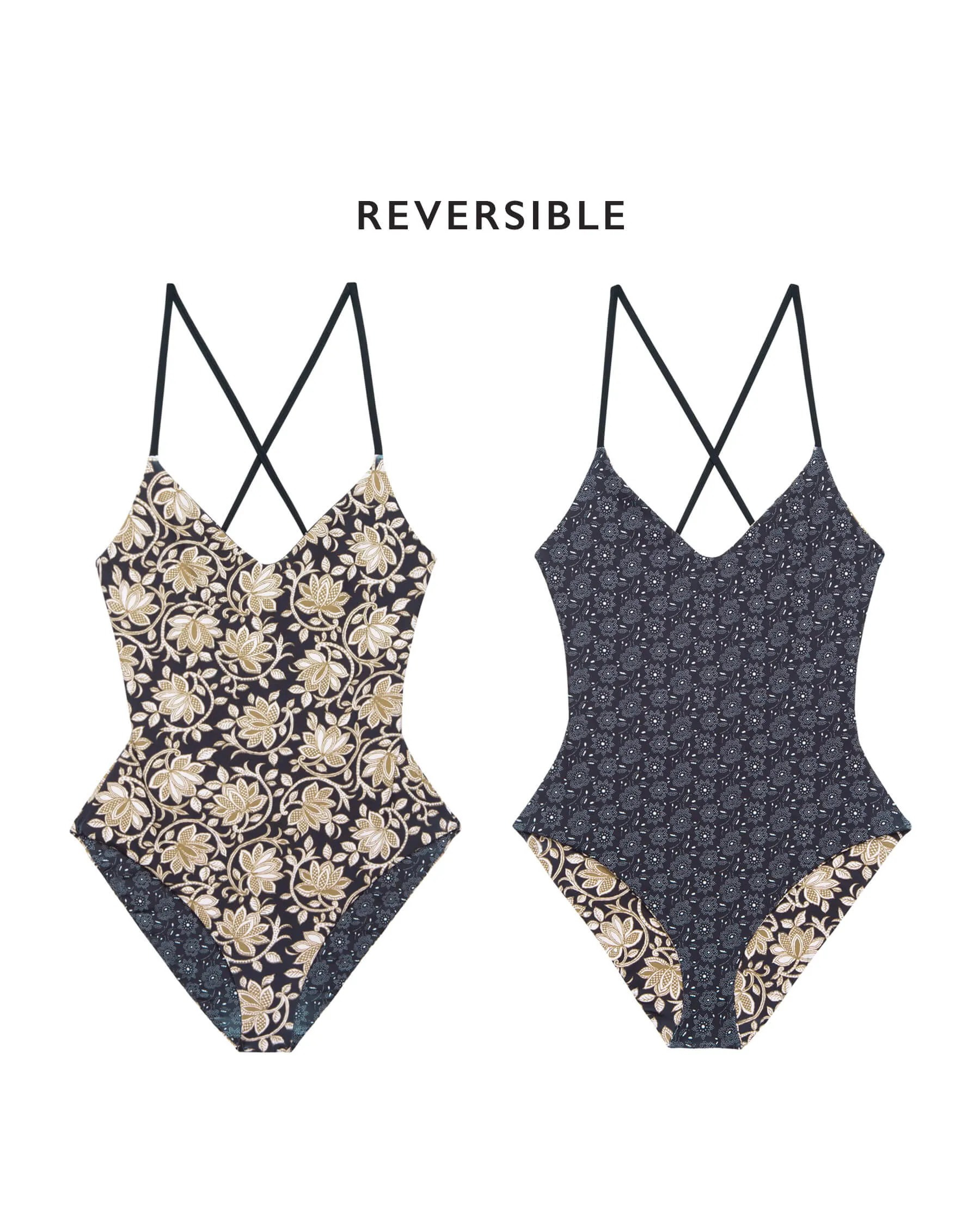 The Reversible Lace Up One Piece. -- Black Oasis Floral and Black Bandana Daisy sold by THE GREAT.