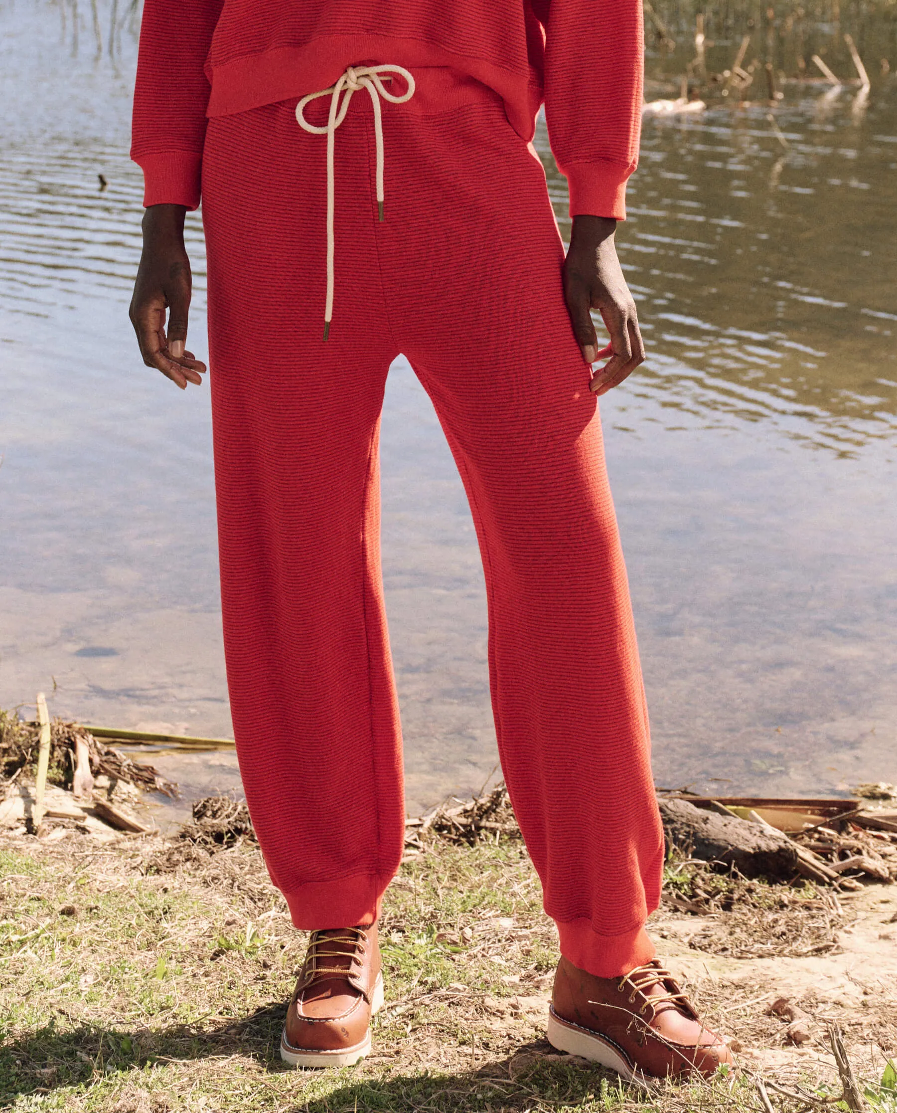 The Lantern Pant. -- Hot Red Overdyed Stripe sold by THE GREAT.