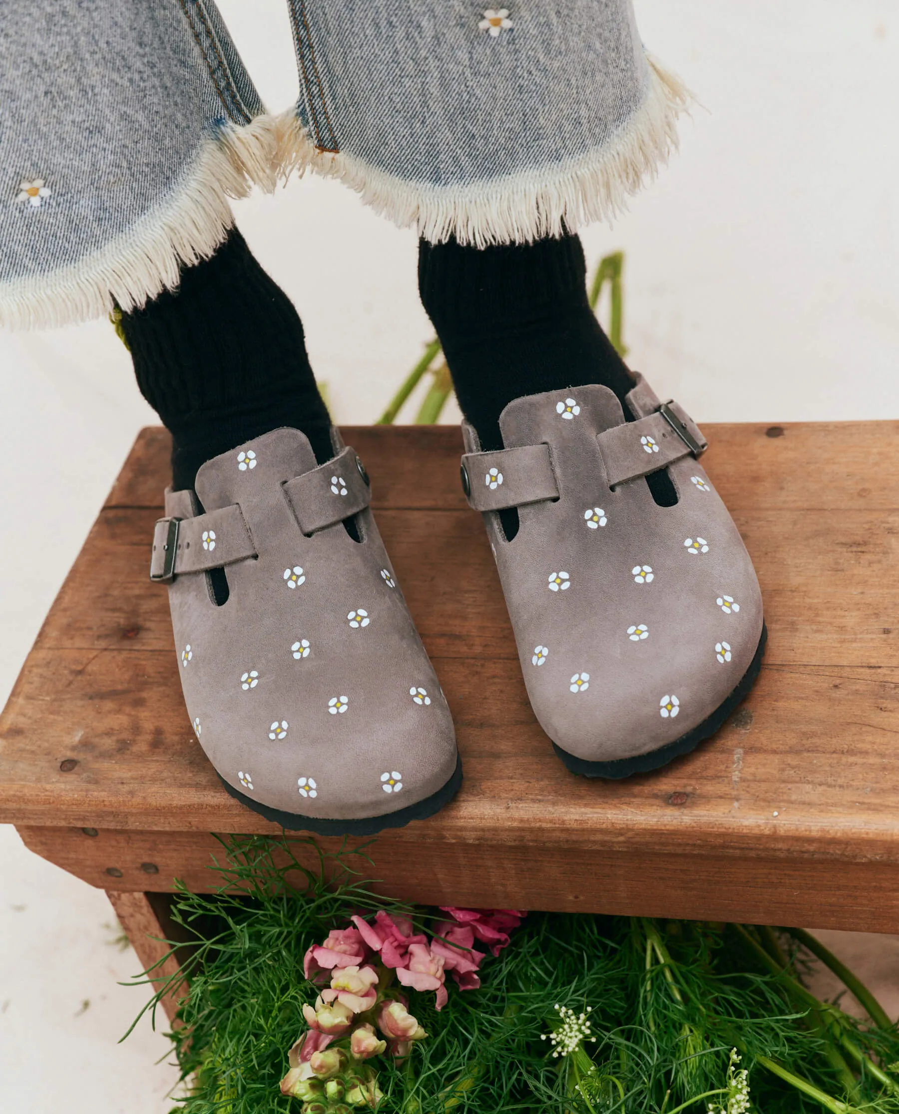 BIRKENSTOCK Boston with Hand Painted Tooled Daisy. -- Iron Oiled Leather with Cream sold by THE GREAT.