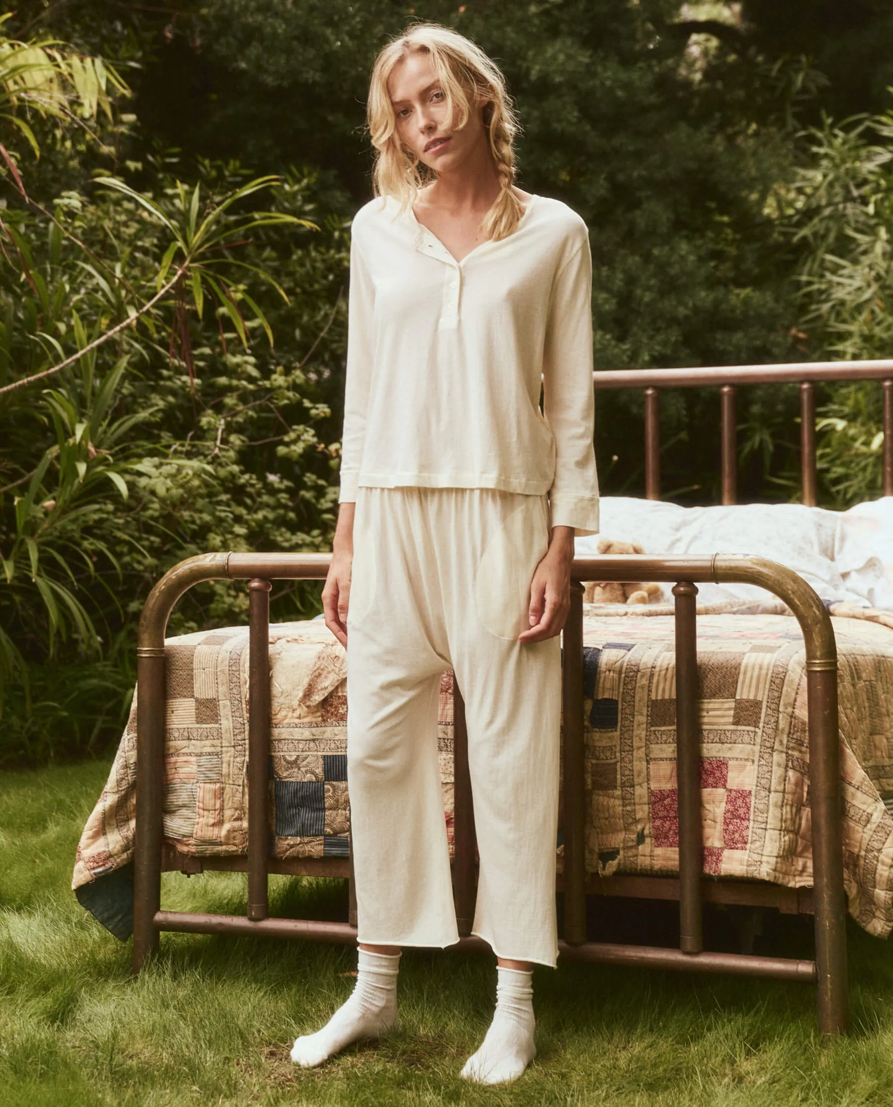 The Crop Sleep Henley.. -- Washed White sold by THE GREAT. product image thumbnail 3
