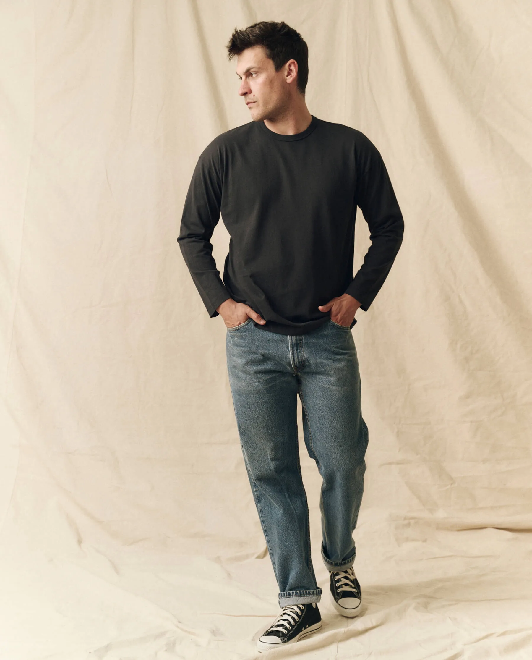 The Men's Pure Knits Long Sleeve Boxy Crew. Solid -- Almost Black sold by THE GREAT. product image thumbnail 4