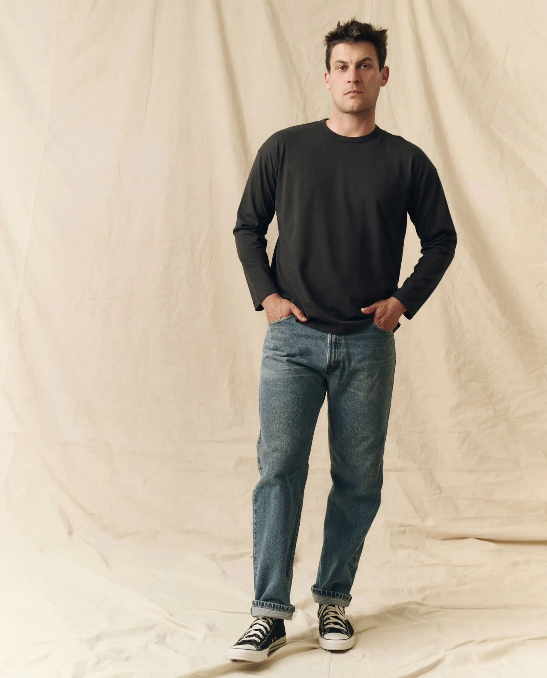 The Men's Pure Knits Long Sleeve Boxy Crew. Solid -- Almost Black sold by THE GREAT. product image thumbnail 2