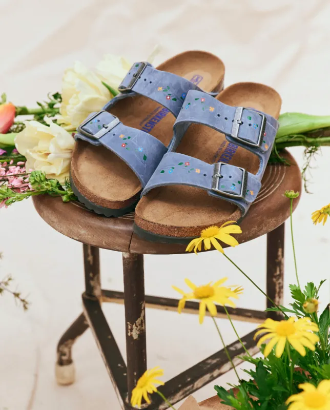 BIRKENSTOCK Arizona with Hand Painted Tooled Vine. -- Dusty Blue Oiled Leather with Multi made by THE GREAT.