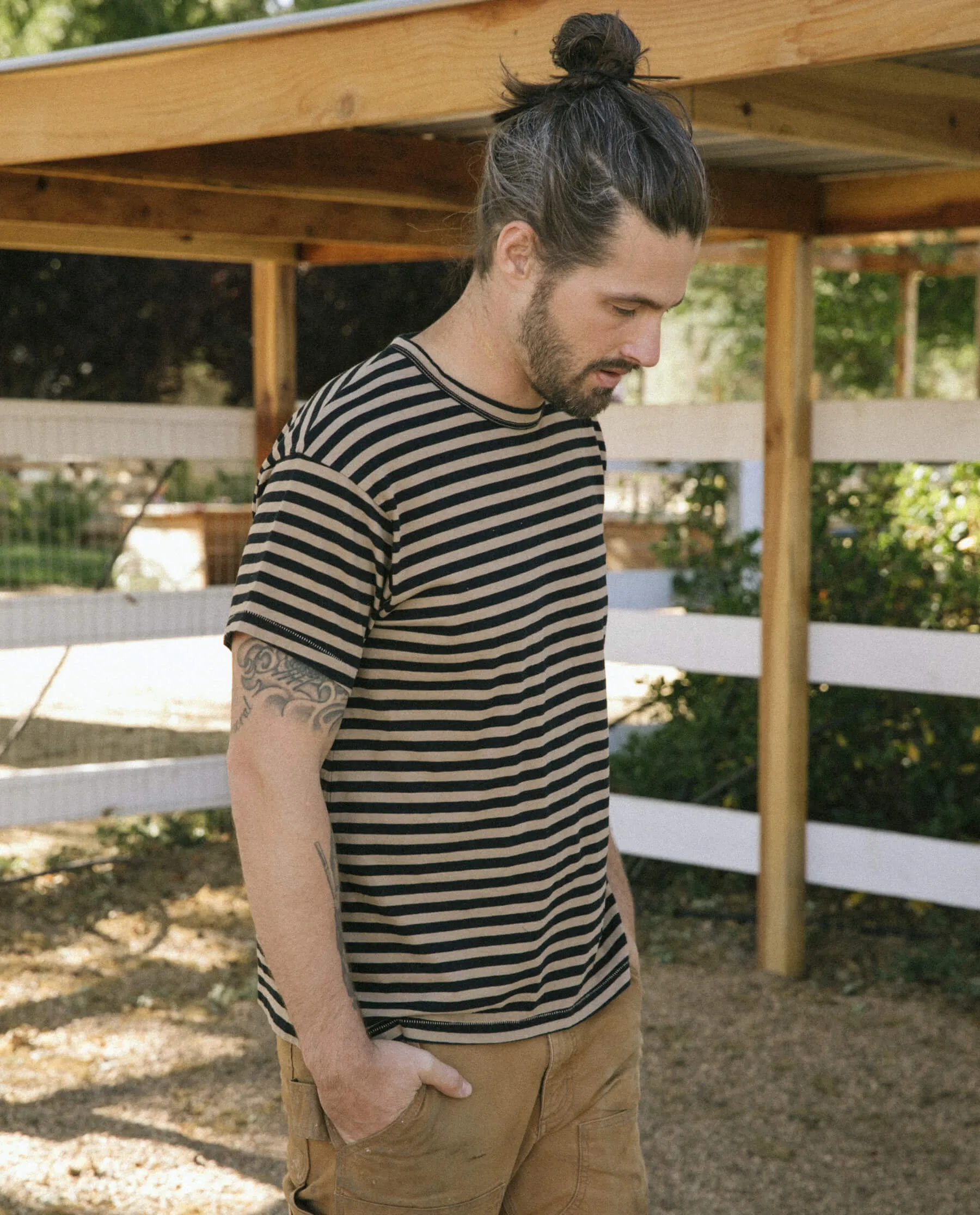 The Men's Boxy Crew. -- Black and Camel Stripe sold by THE GREAT.