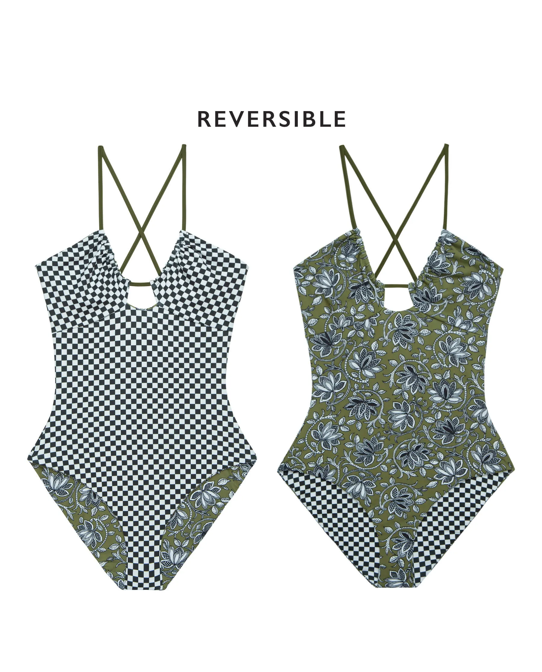 The Reversible Keyhole One Piece. -- Army Oasis Floral and Black Check sold by THE GREAT.