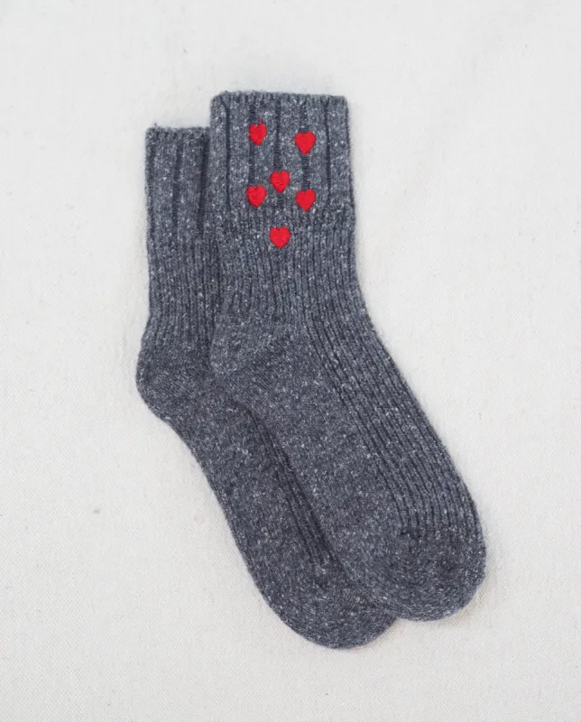 The Melange Rib Sock. -- Charcoal with Red Hearts sold by THE GREAT.