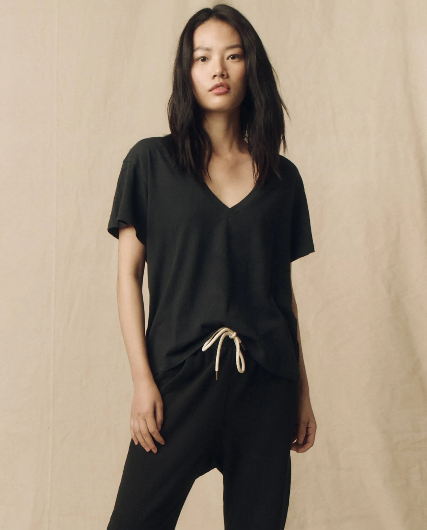 The V-Neck Tee. Solid -- Almost Black sold by THE GREAT. product image thumbnail 5