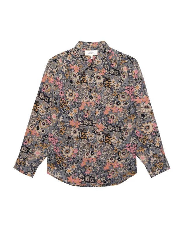 The Cove Shirt. -- Navy Heirloom Floral sold by THE GREAT.