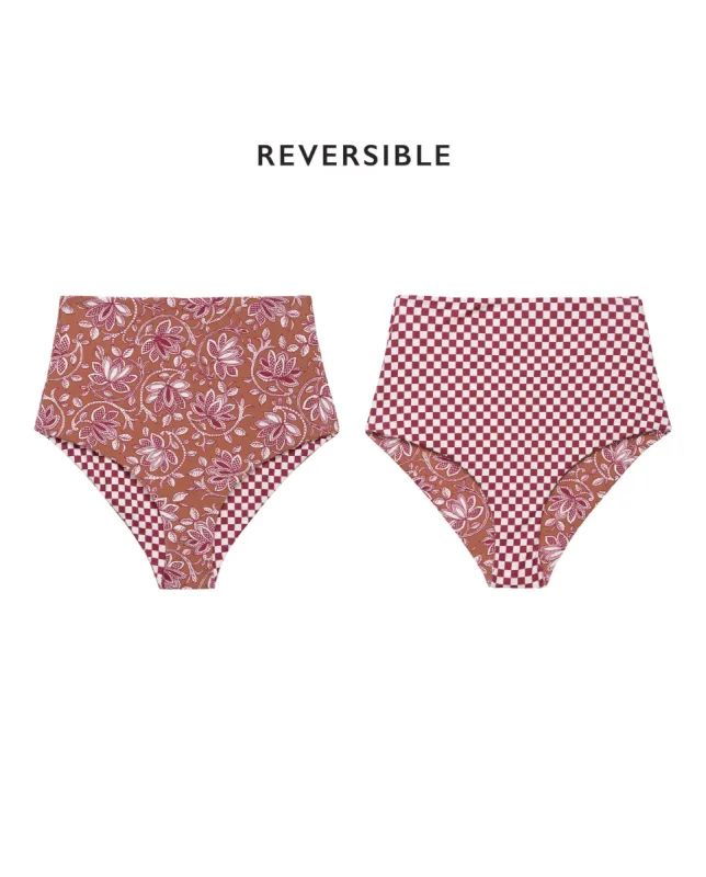 The Reversible Mid-Rise Brief. -- Ruby Check and Golden Sands Oasis Floral sold by THE GREAT.