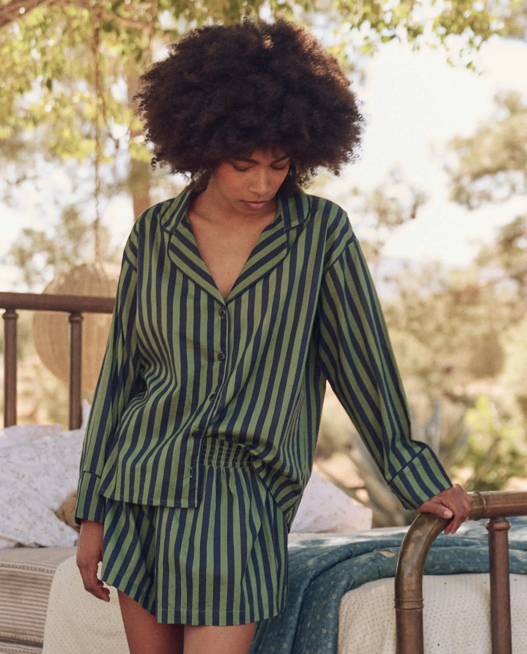 The Pajama Shirt. -- Seaside Stripe sold by THE GREAT.