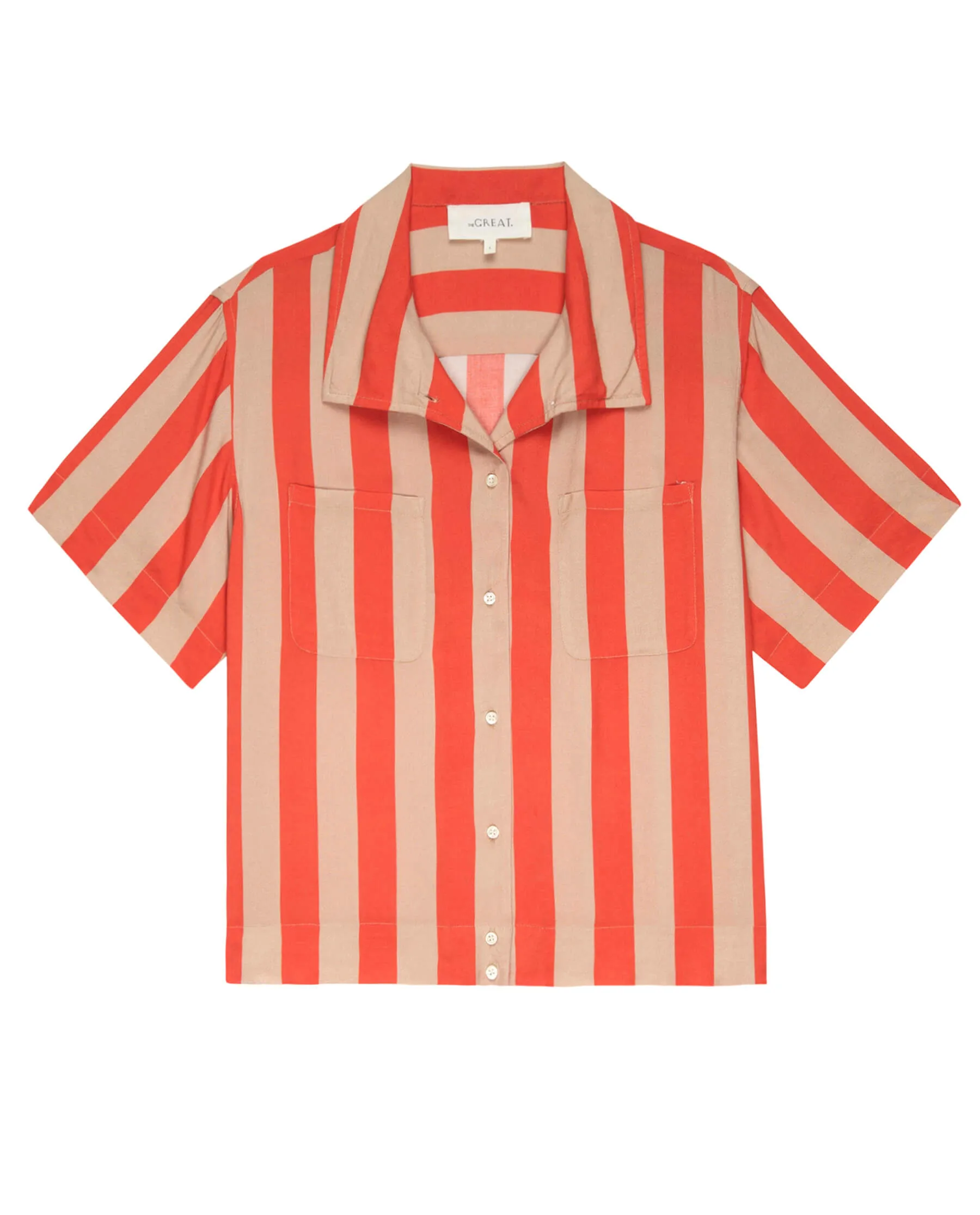 The Bowling Shirt. -- Sunset Stripe sold by THE GREAT.