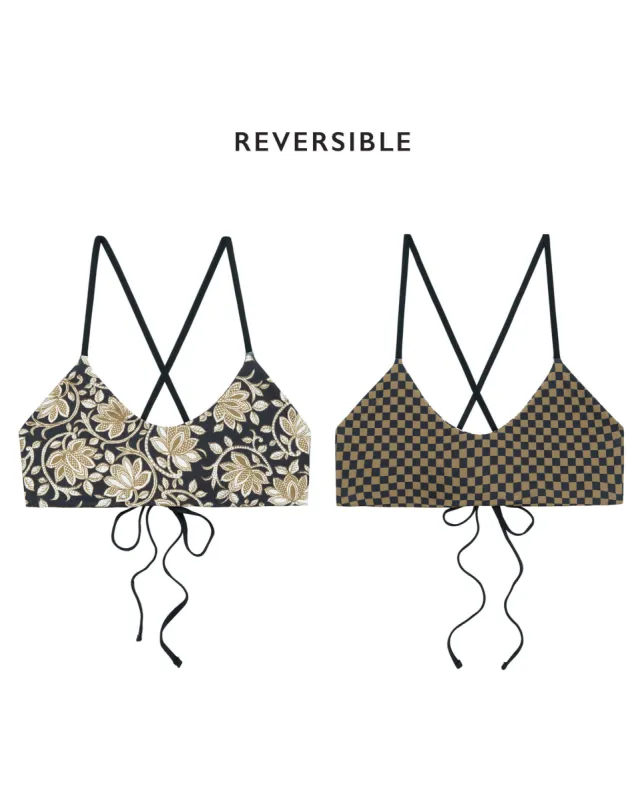 The Reversible Bralette. -- Black Oasis Floral and Bronze Check sold by THE GREAT.