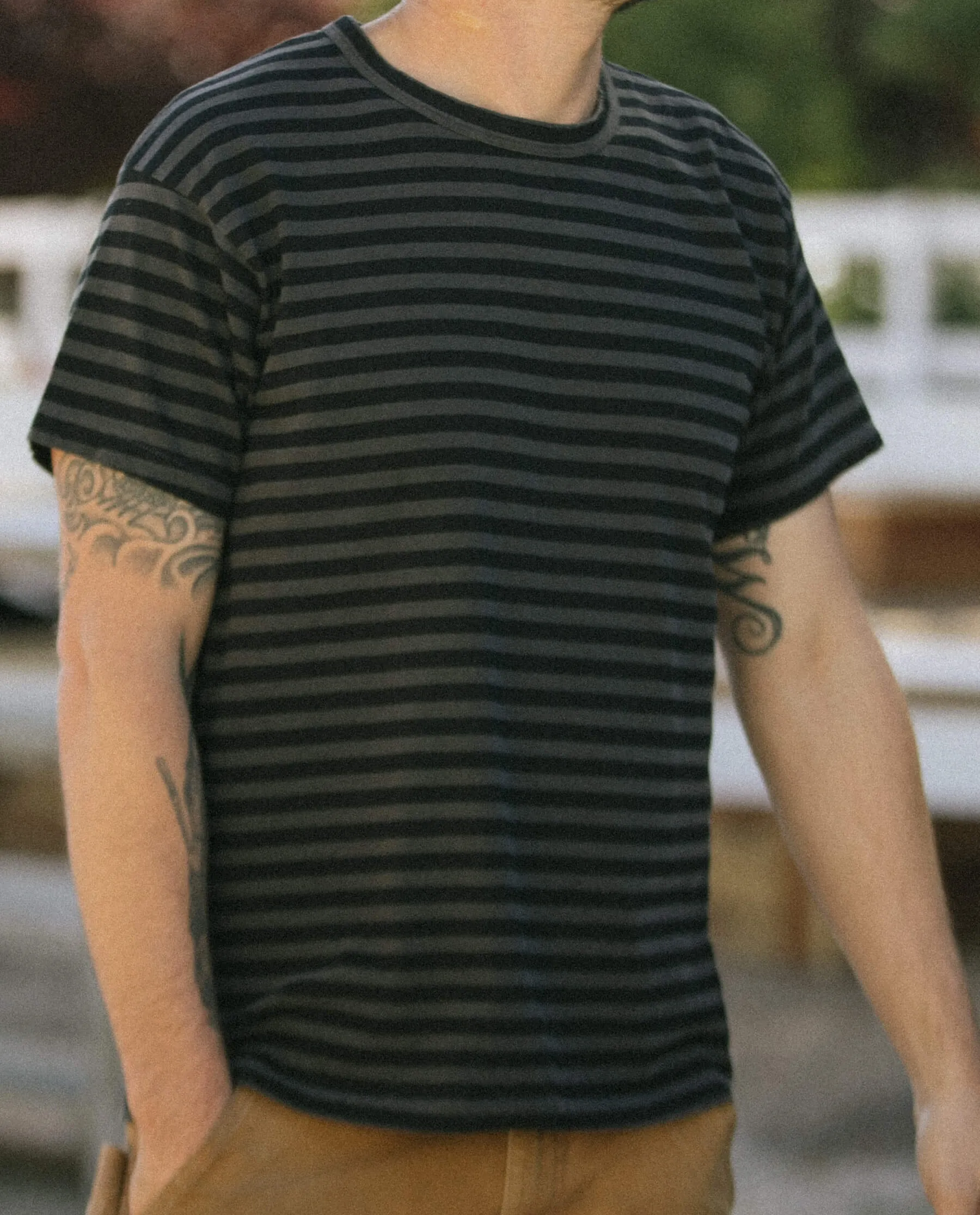 The Men's Boxy Crew. -- Black and Charcoal Stripe sold by THE GREAT.