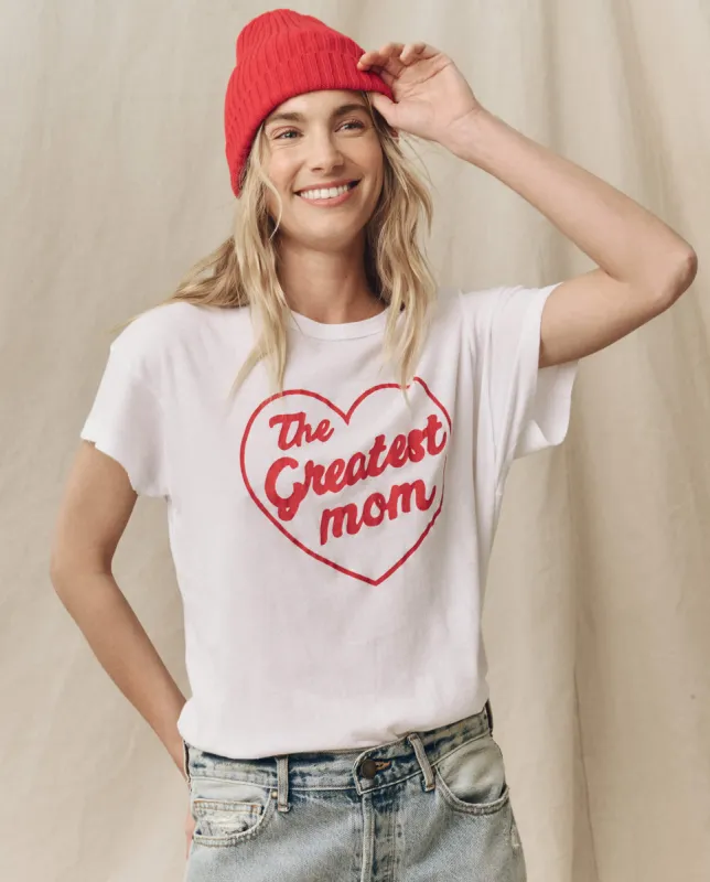 The Greatest Mom Boxy Crew. Graphic -- True White with Red sold by THE GREAT.