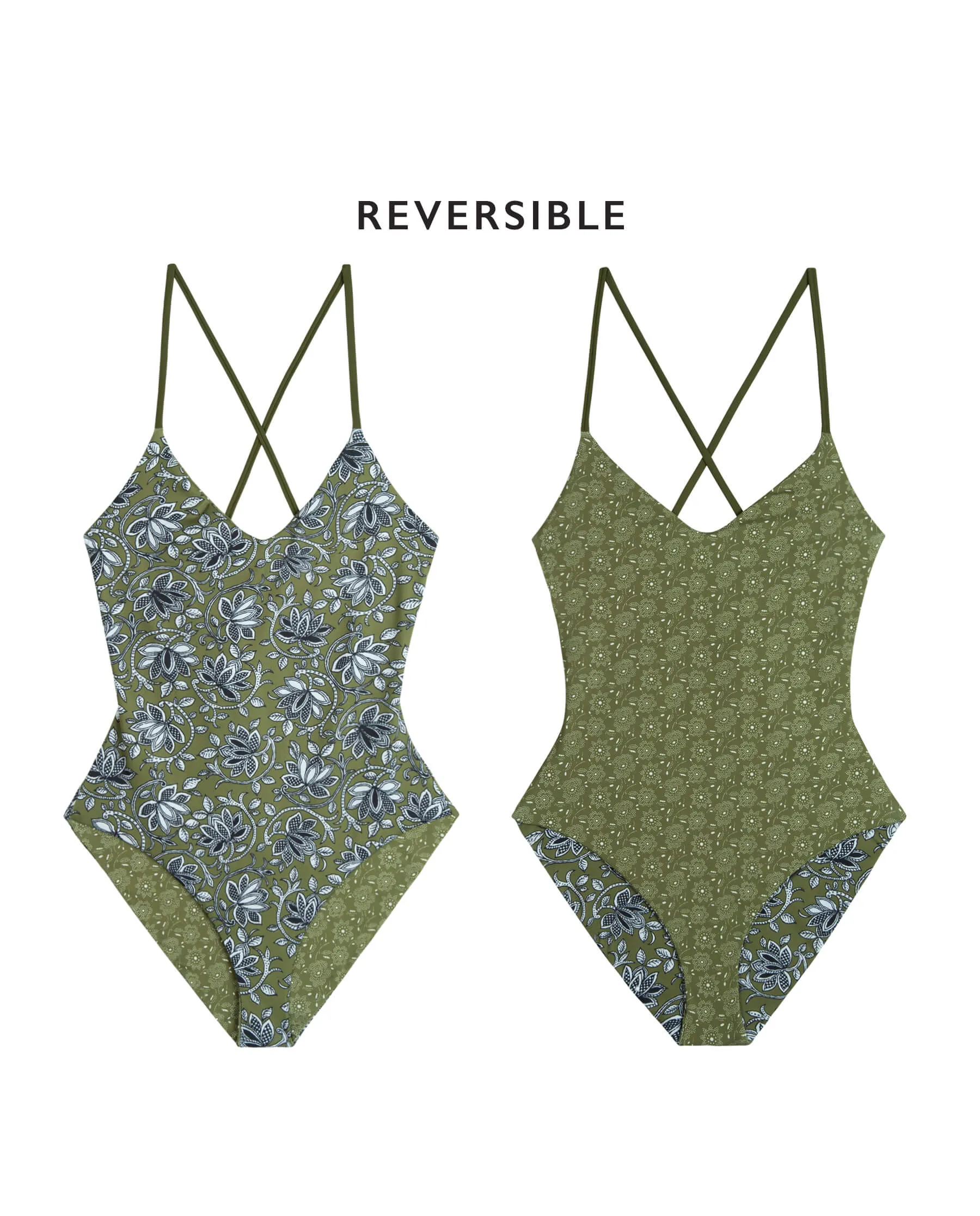 The Reversible Lace Up One Piece. -- Army Oasis Floral and Army Bandana Daisy sold by THE GREAT.
