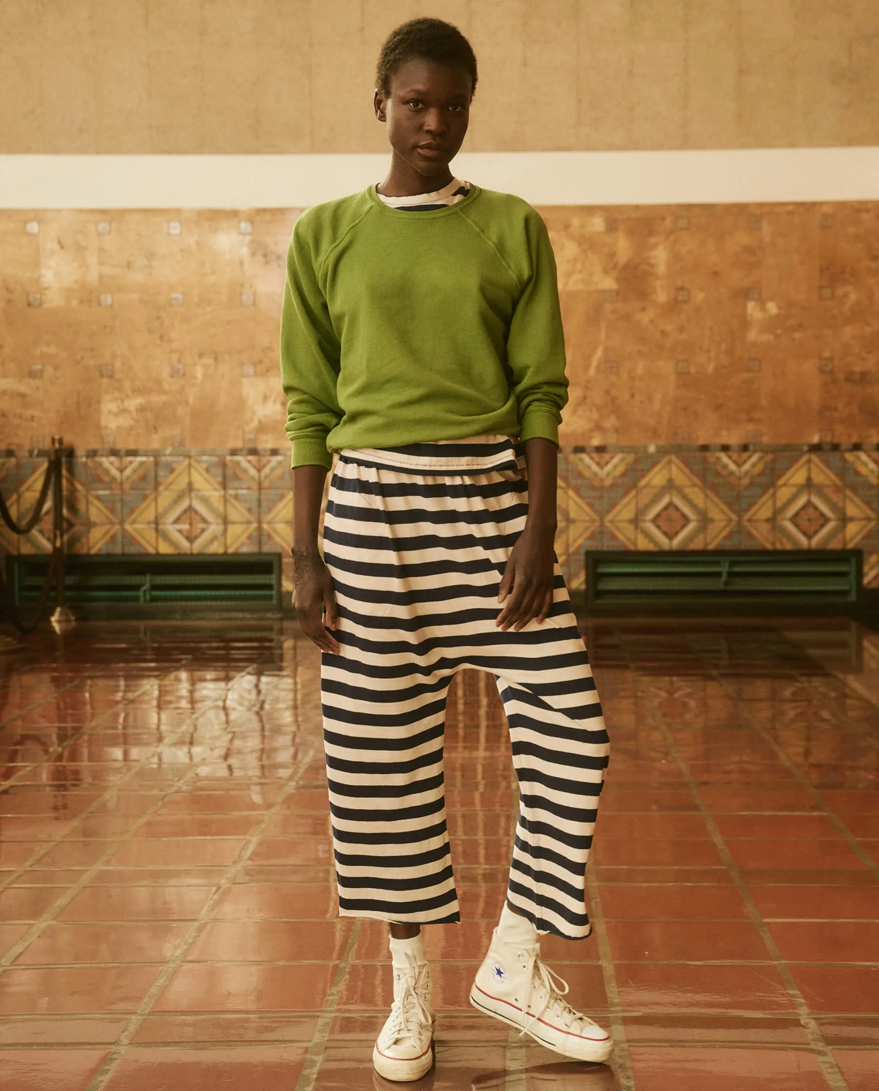 The Jersey Crop. -- Navy and Cream Scholar Stripe sold by THE GREAT.