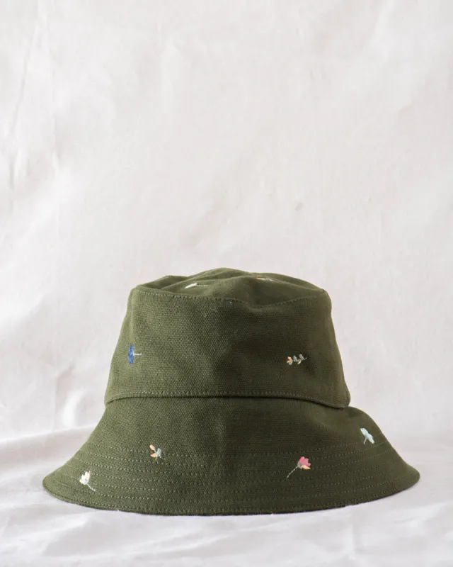 The Bucket Hat. -- Army with Tossed Floral Embroidery sold by THE GREAT.