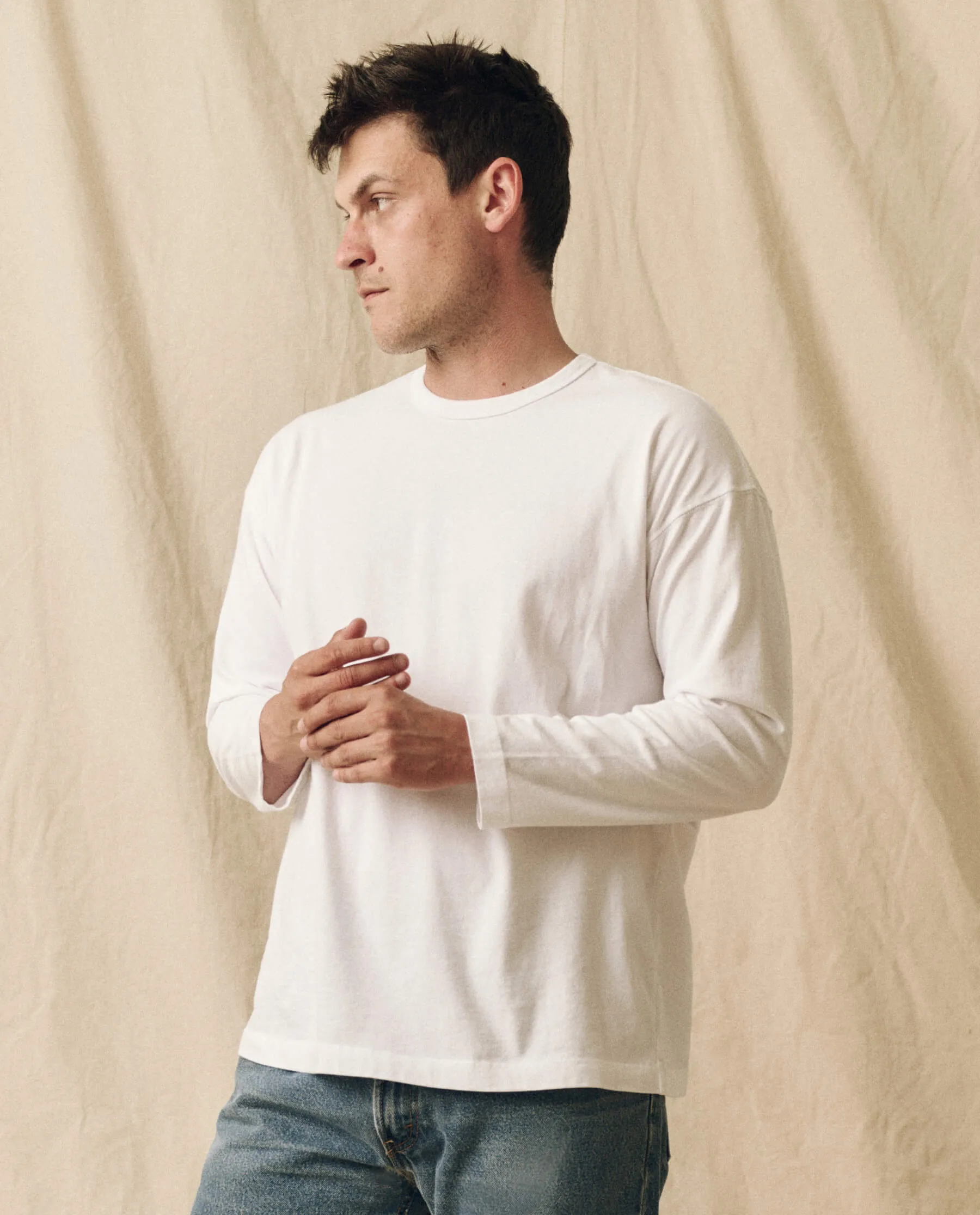 The Men's Pure Knits Long Sleeve Boxy Crew. Solid -- True White sold by THE GREAT. product image thumbnail 5