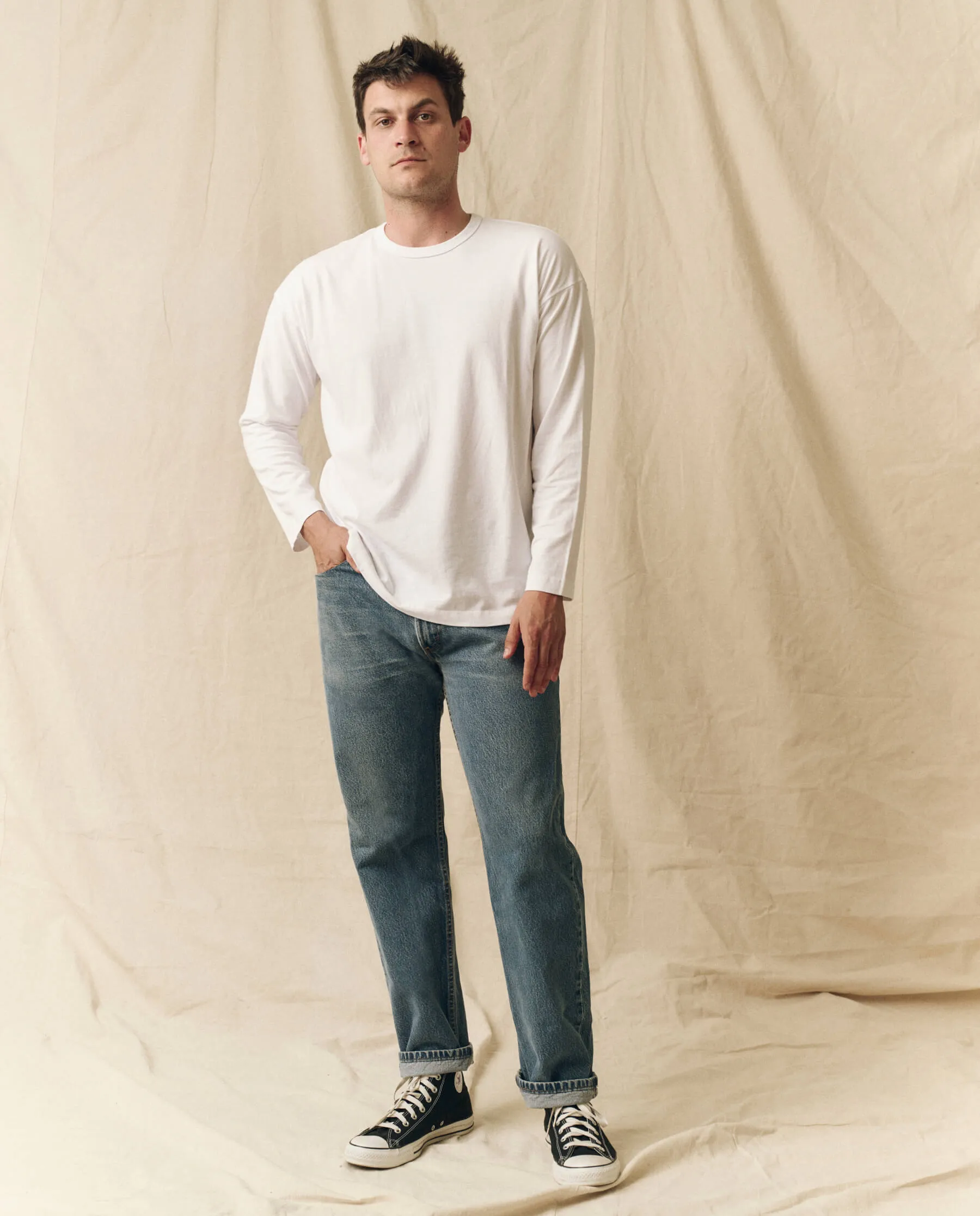 The Men's Pure Knits Long Sleeve Boxy Crew. Solid -- True White sold by THE GREAT. product image thumbnail 4