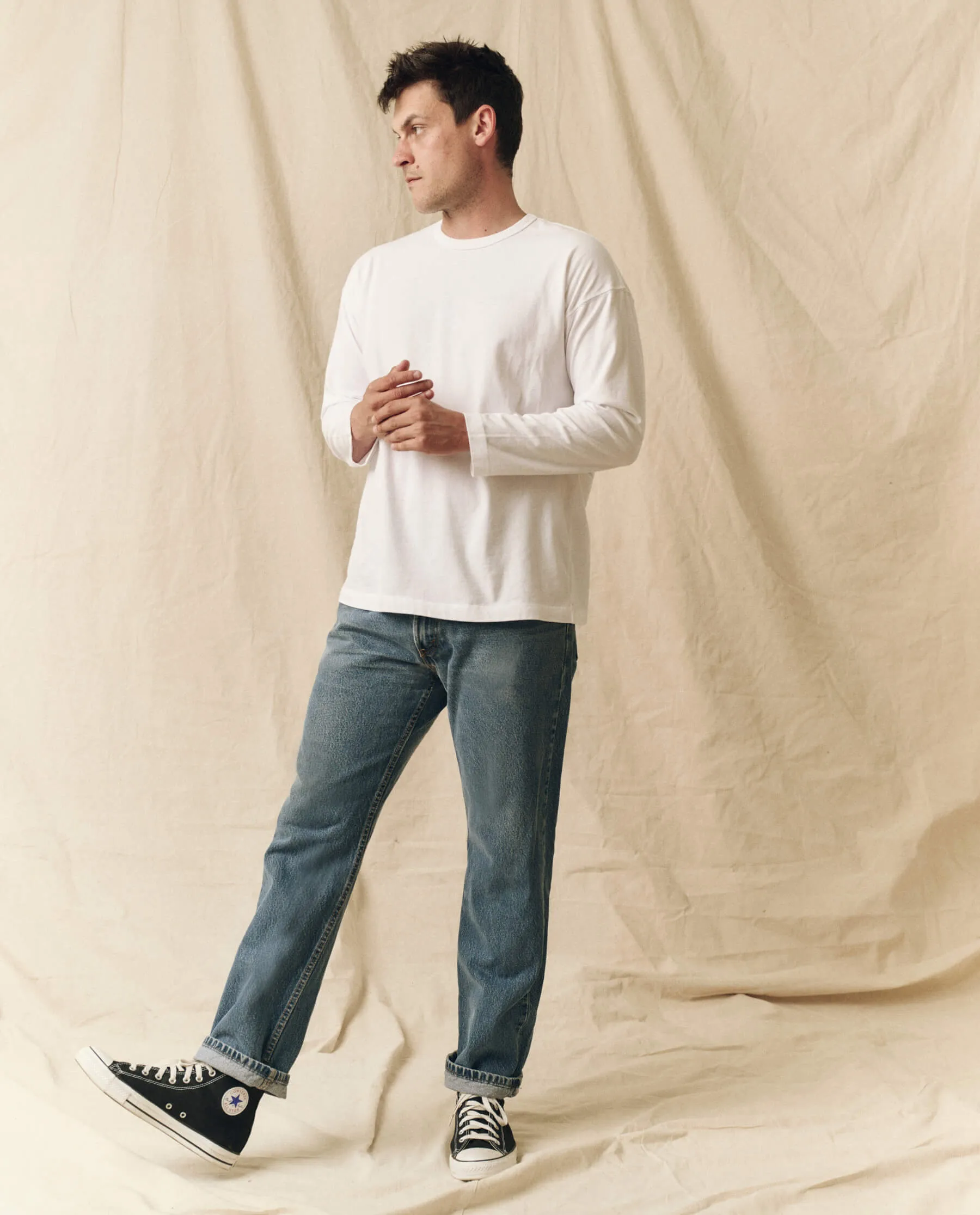 The Men's Pure Knits Long Sleeve Boxy Crew. Solid -- True White sold by THE GREAT. product image thumbnail 2