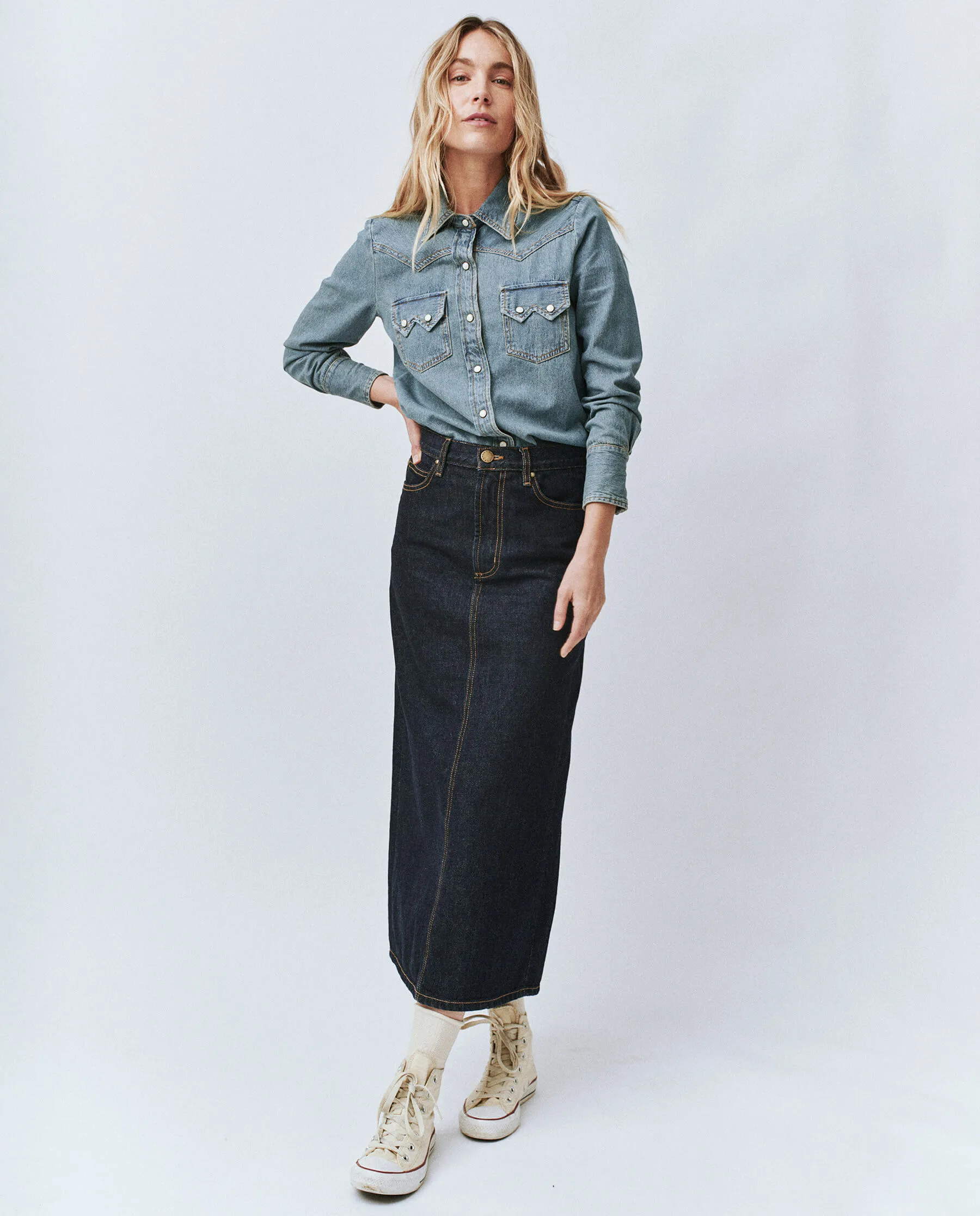 The Column Skirt. -- Midnight Rinse sold by THE GREAT. product image thumbnail 3