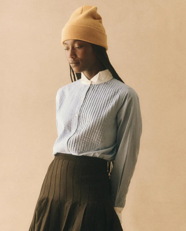 The Pleated Tux Top. -- Blue Oxford with White Poplin Trim sold by THE GREAT.