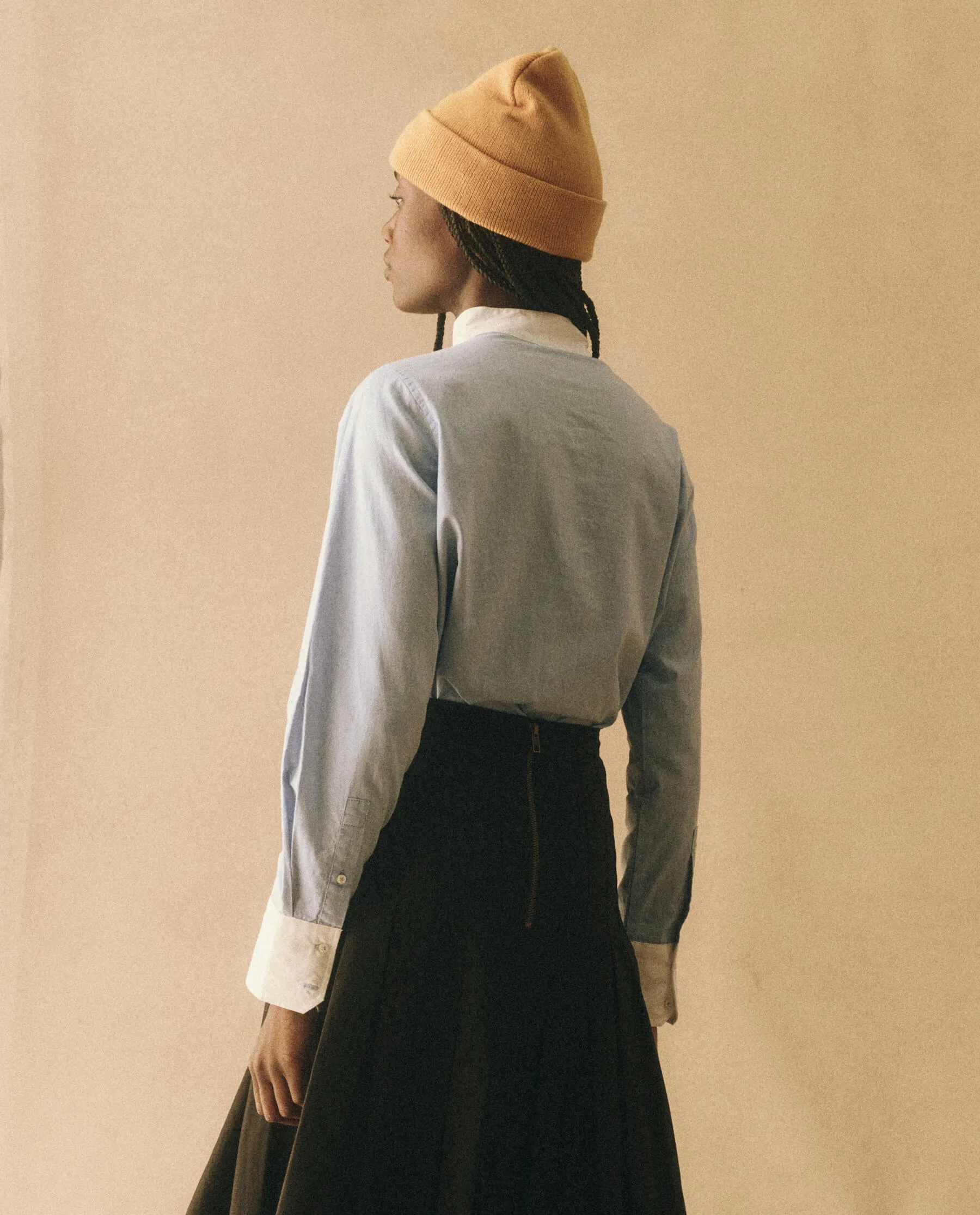 The Pleated Tux Top. -- Blue Oxford with White Poplin Trim sold by THE GREAT. product image thumbnail 3