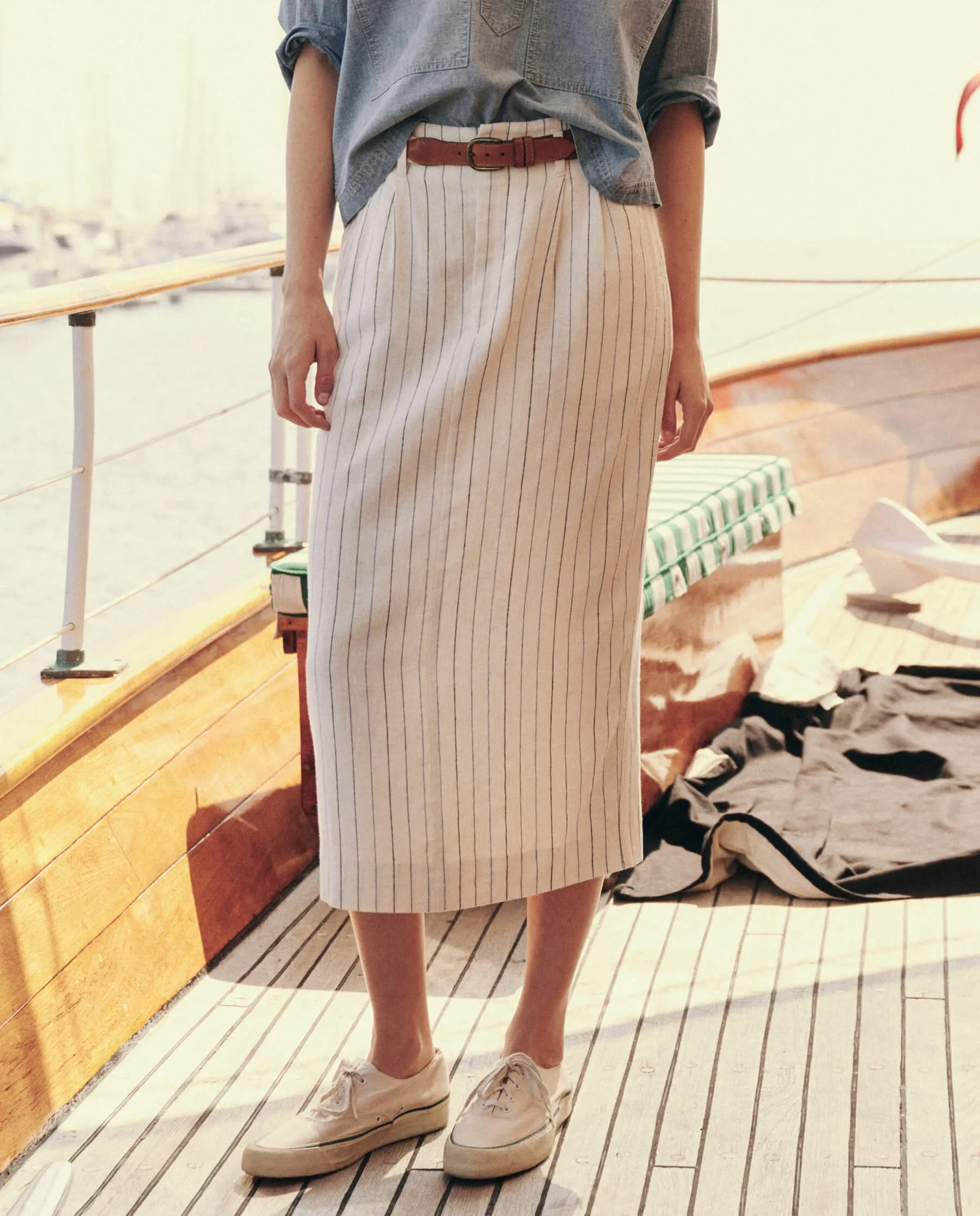 The Pleated Column Skirt. -- Cream Pinstripe sold by THE GREAT. product image thumbnail 2