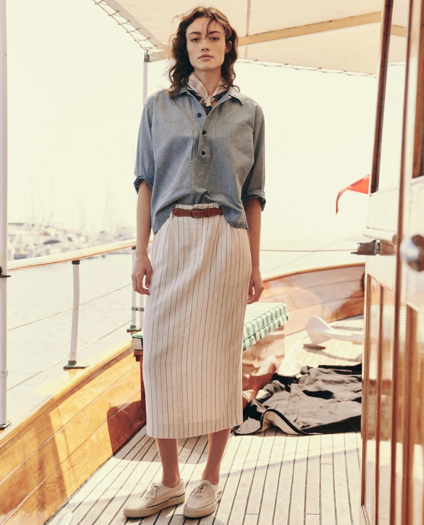 The Pleated Column Skirt. -- Cream Pinstripe sold by THE GREAT. product image thumbnail 5