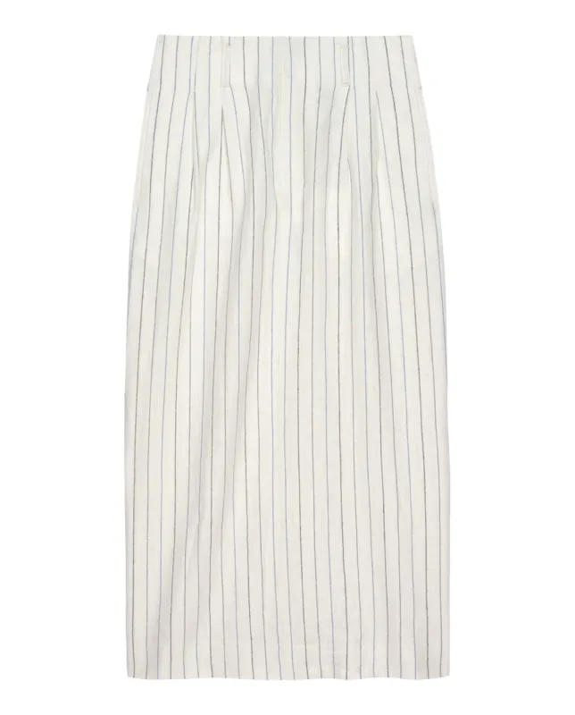 The Pleated Column Skirt. -- Cream Pinstripe sold by THE GREAT.