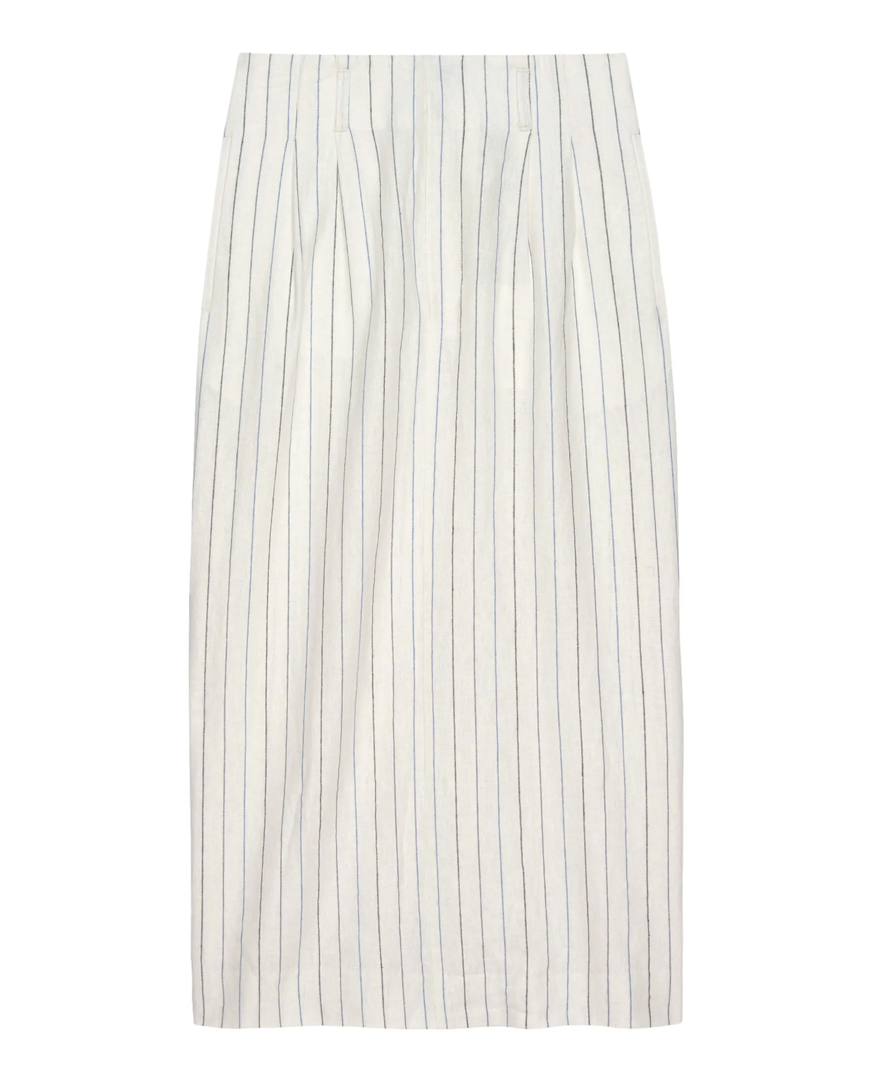 The Pleated Column Skirt. -- Cream Pinstripe sold by THE GREAT.