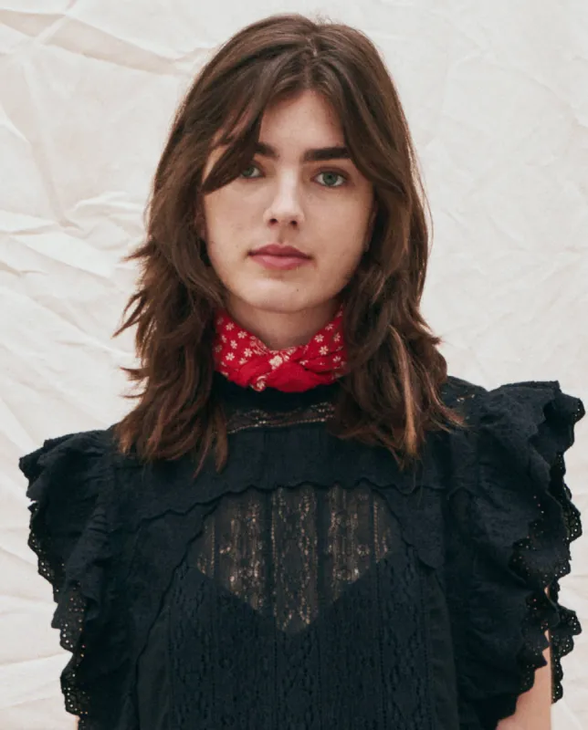 The Bandana with Embroidered Daisies. -- Bright Red with Multi sold by THE GREAT.