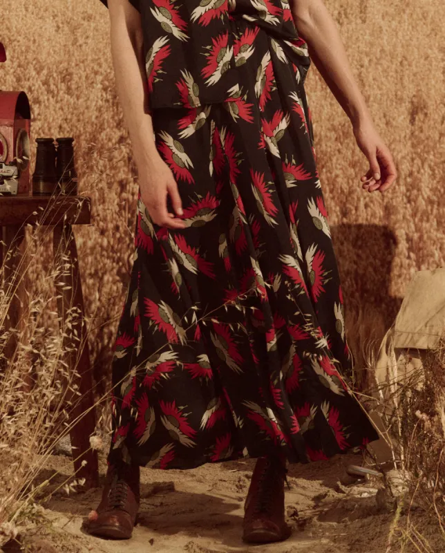 The Godet Skirt. -- Navy Birds Of Paradise Print sold by THE GREAT.