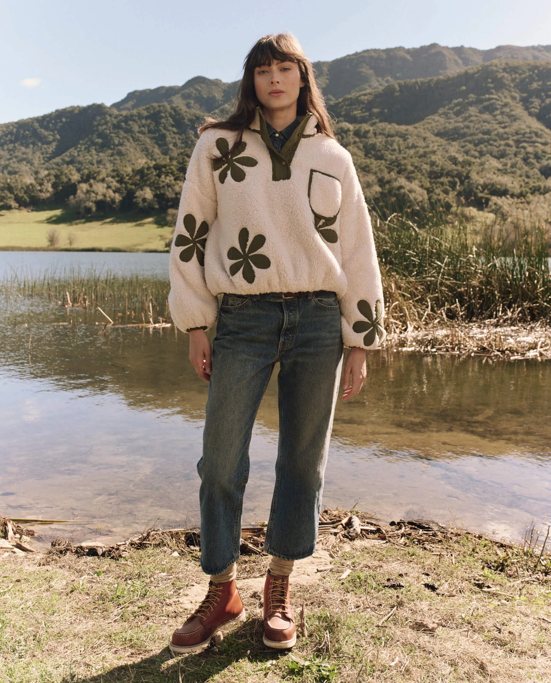 The Patch Pocket Countryside Pullover with Daisy Applique. -- Cream with Army sold by THE GREAT. product image thumbnail 4