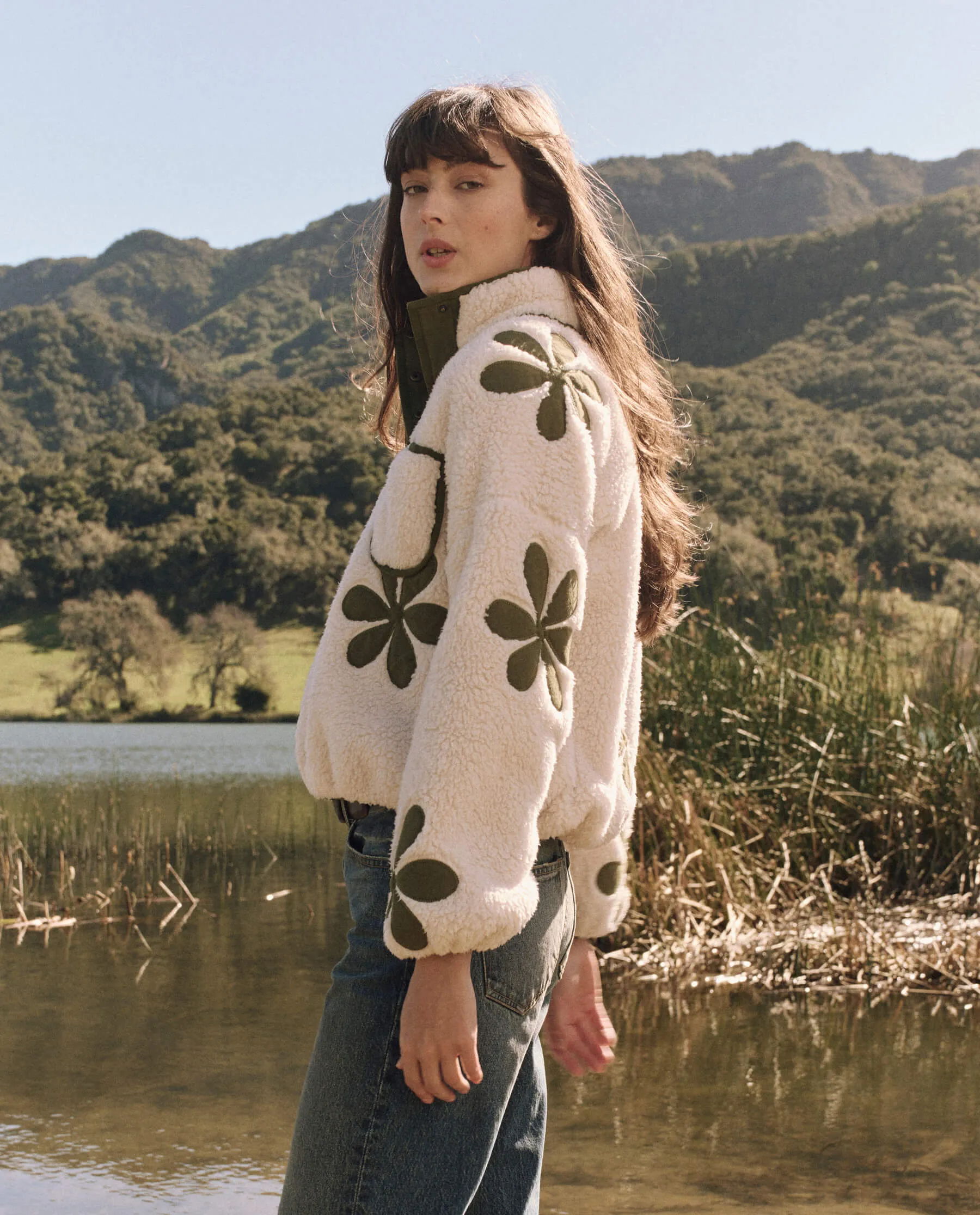 The Patch Pocket Countryside Pullover with Daisy Applique. -- Cream with Army sold by THE GREAT. product image thumbnail 3