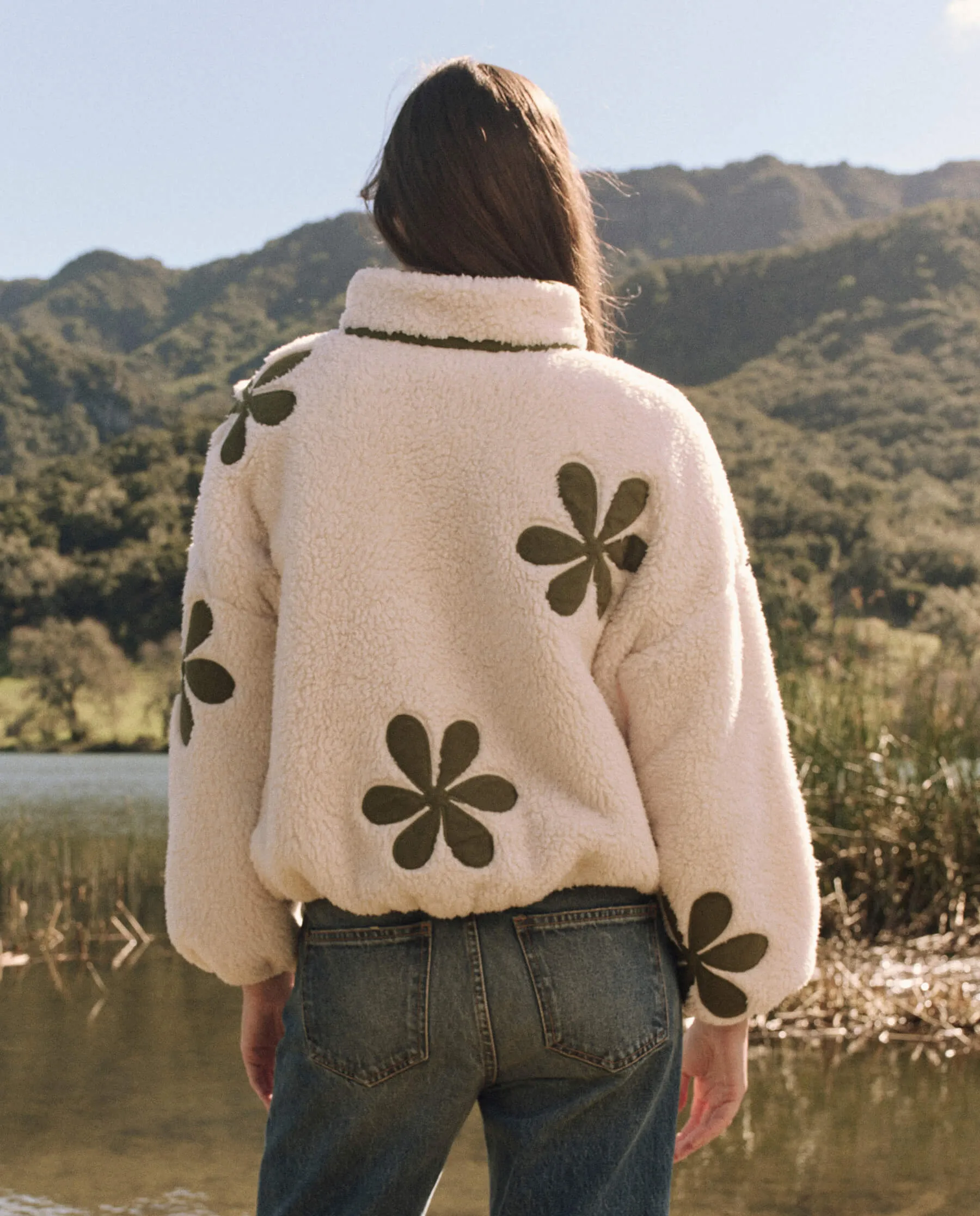 The Patch Pocket Countryside Pullover with Daisy Applique. -- Cream with Army sold by THE GREAT. product image thumbnail 2