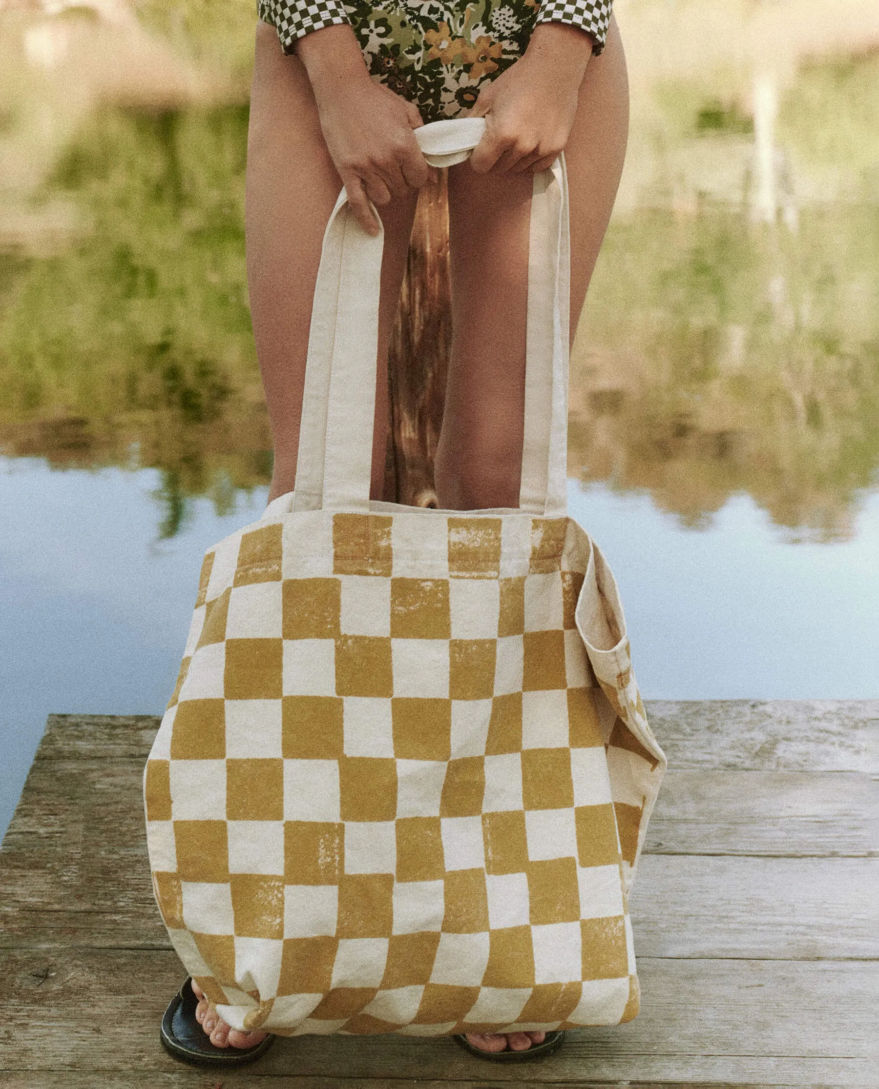 The Beach Tote. -- Cream with Citron Check Stamp sold by THE GREAT. product image thumbnail 4