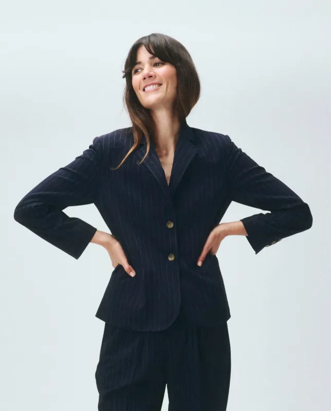 The Shrunken Blazer. -- Navy Pin Stripe sold by THE GREAT.