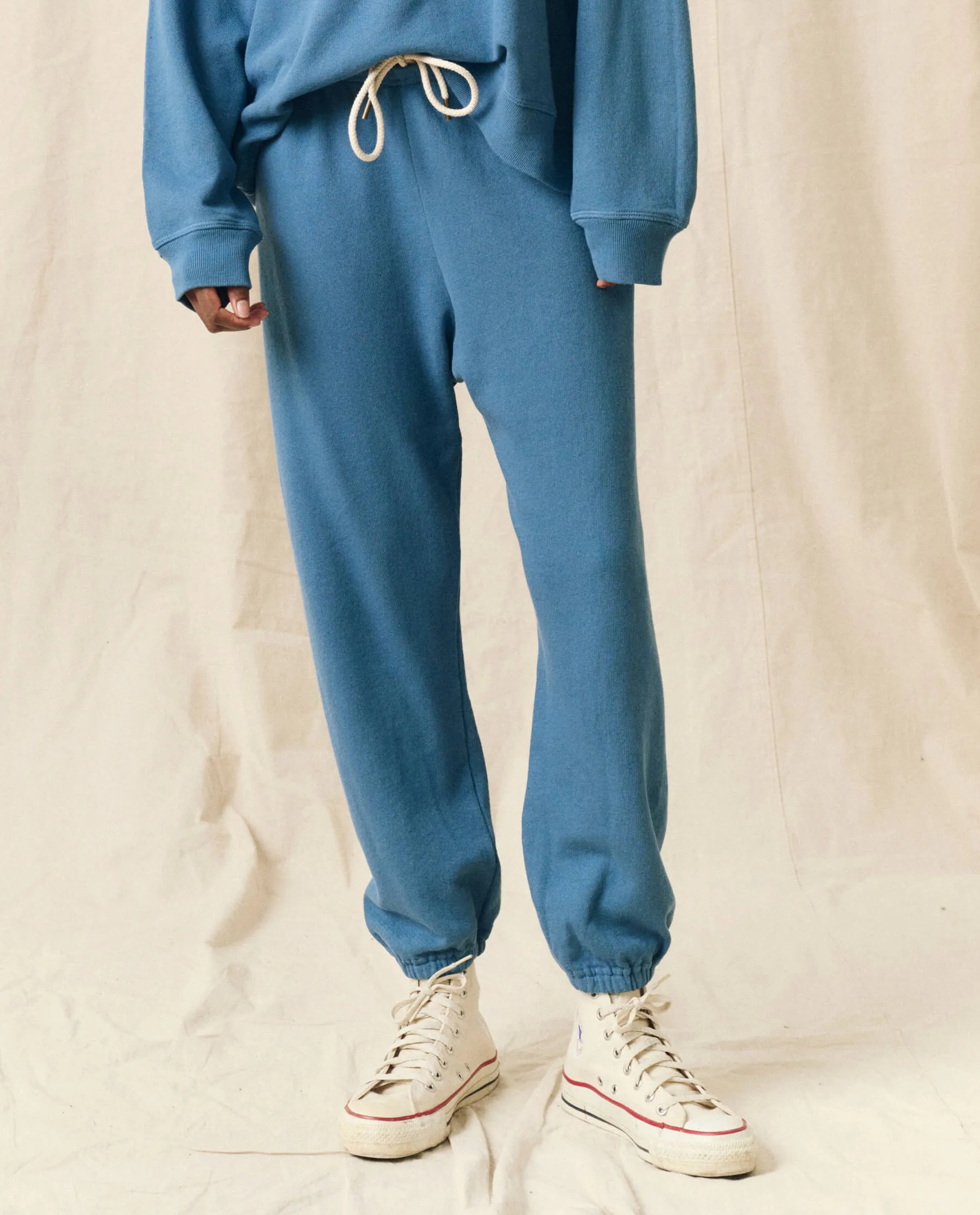 The Stadium Sweatpant. Solid -- Glacier Blue sold by THE GREAT.