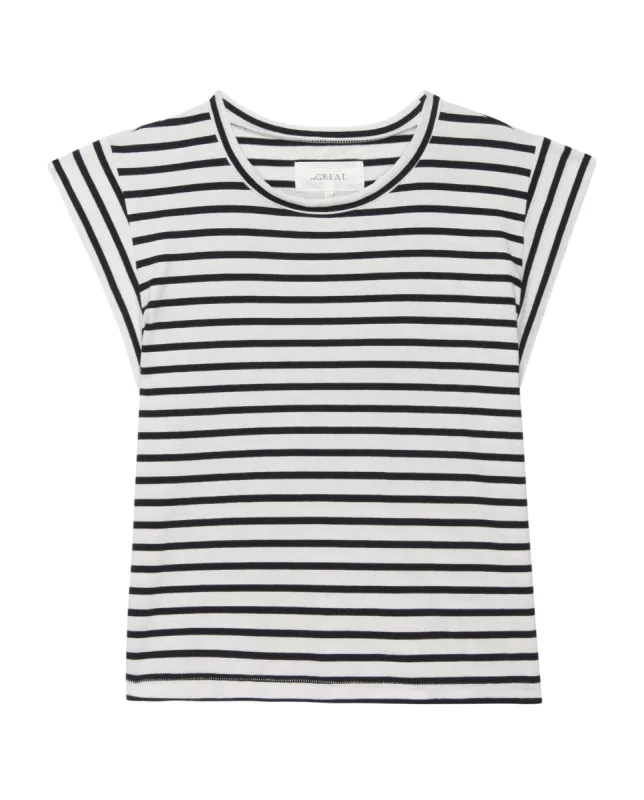 The Peak Shoulder Tee. -- Black and Cream Gondola Stripe sold by THE GREAT.