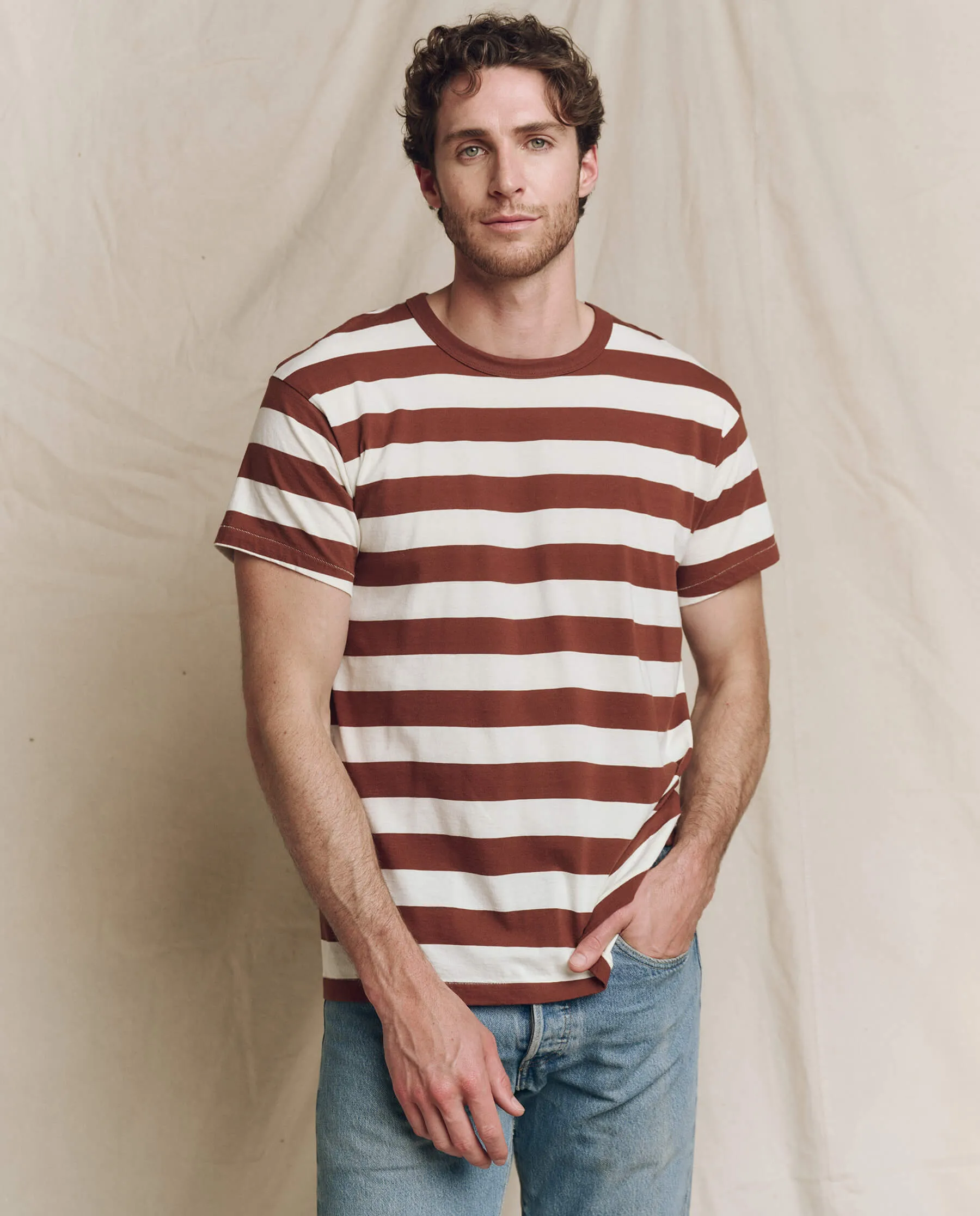 The Men's Boxy Crew. -- Cognac Stripe sold by THE GREAT.