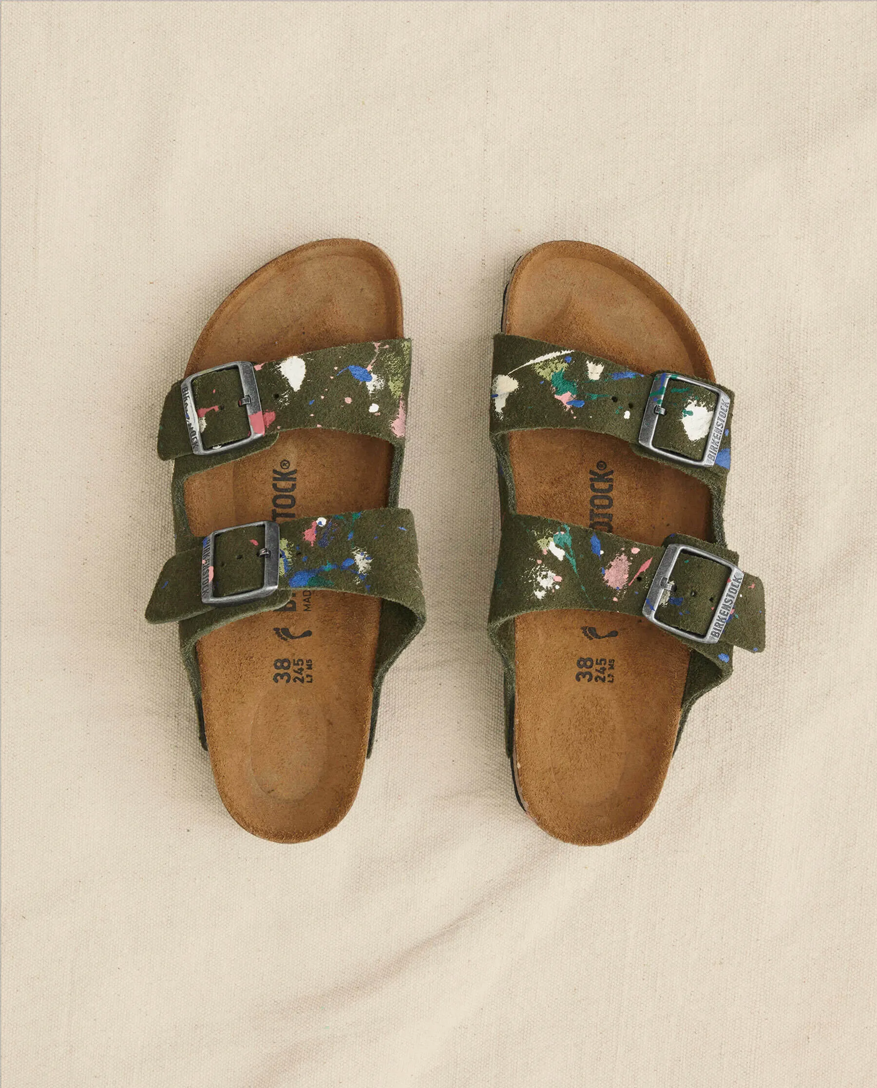 Arizona Thyme Birkenstock with Paint. -- Thyme with Bright Multi Paint sold by THE GREAT.
