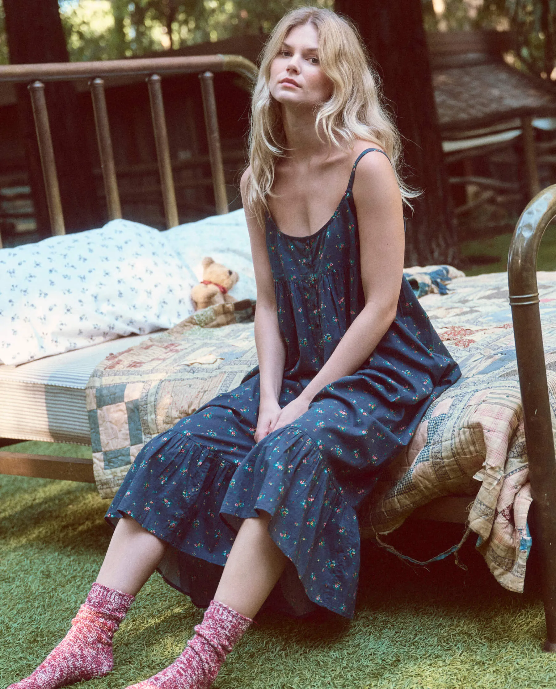 The Ruffle Tank Night Dress. -- Navy Posy Floral sold by THE GREAT. product image thumbnail 3
