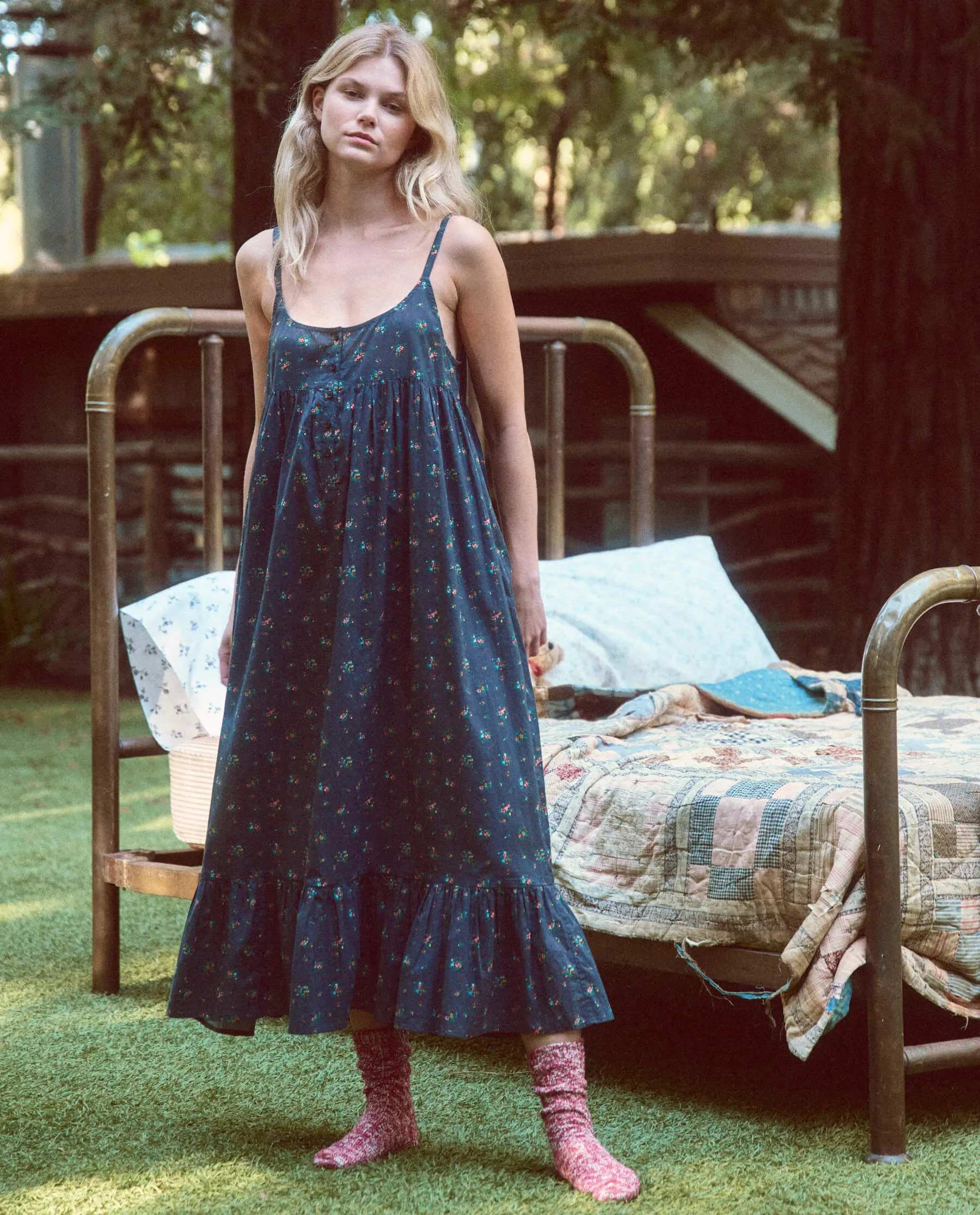The Ruffle Tank Night Dress. -- Navy Posy Floral sold by THE GREAT. product image thumbnail 2